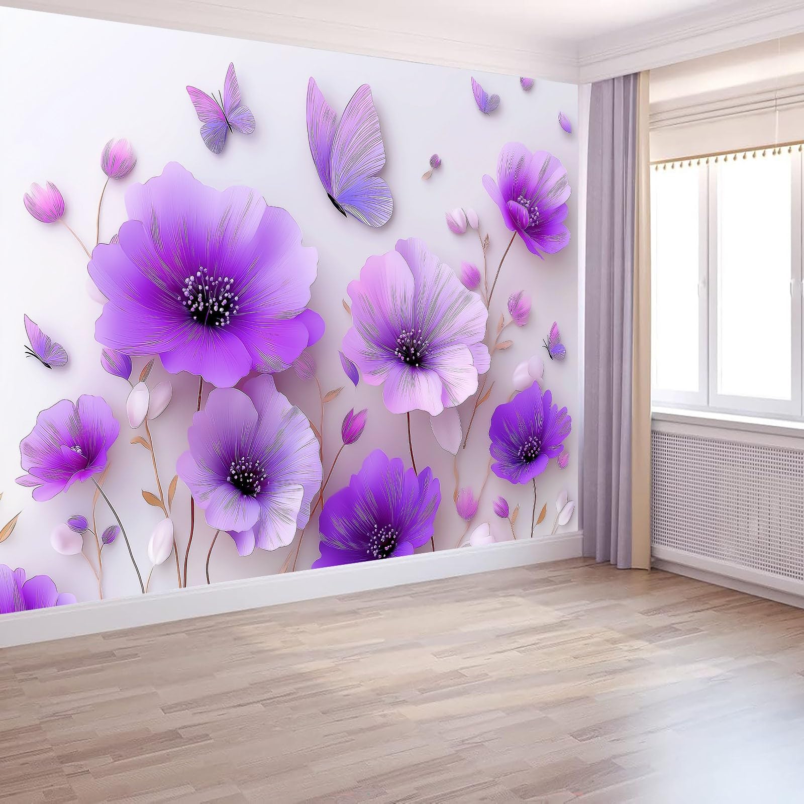 Panoramiczna tapeta 3D nowoczesny estetyczny kwiatowy motyl botaniczny liliowy 200 x 140 cm, tapeta z włókniny - fresk ścienny do salonu, sypialni i biura, dekoracja ścienna druk HD