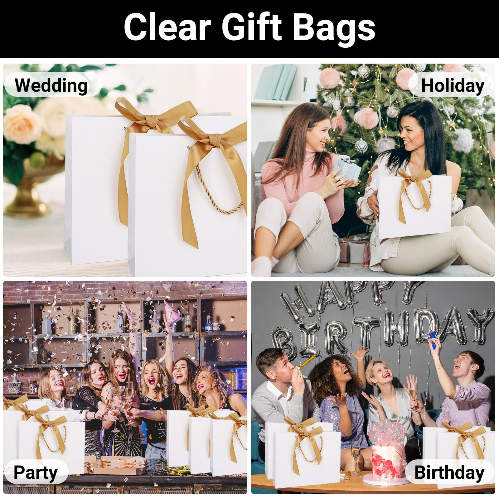 EUSOAR Papiertüten Weiß - 50 Stück 210GSM Geschenktüten mit Schleifenbändern - 27x8x21cm M Mittel Papiertüten mit Henkel - Geschenktüte mit Griff - Weiß Gift Bags Papier Tüten Geburtstag