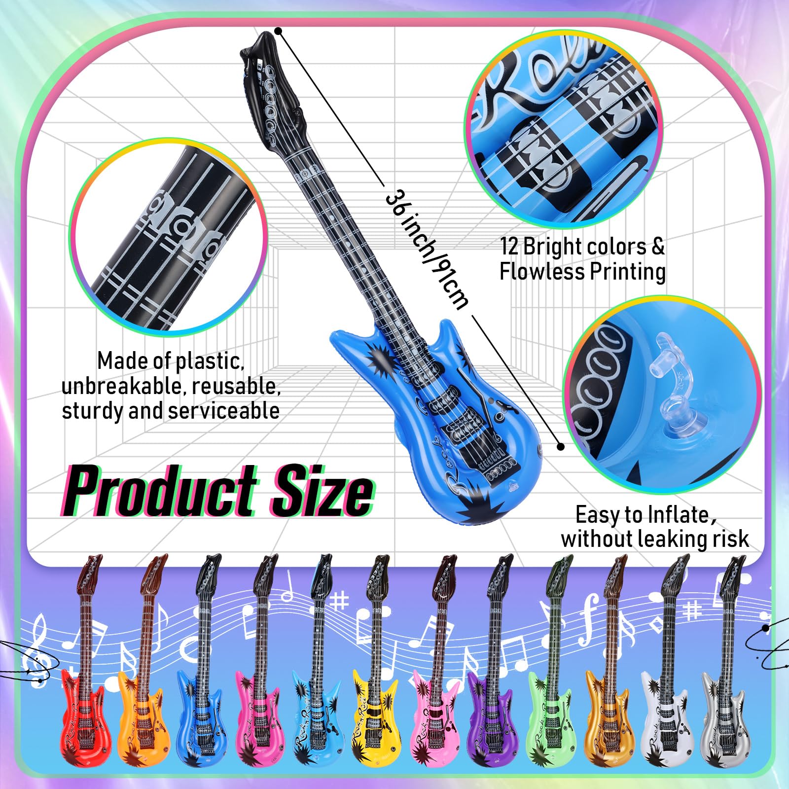 12 Guitares Gonflables - Jouet Fête Années 80-90 - Accessoire Déco Anniversaire, Carnaval - 105x36 Cm Gonflé