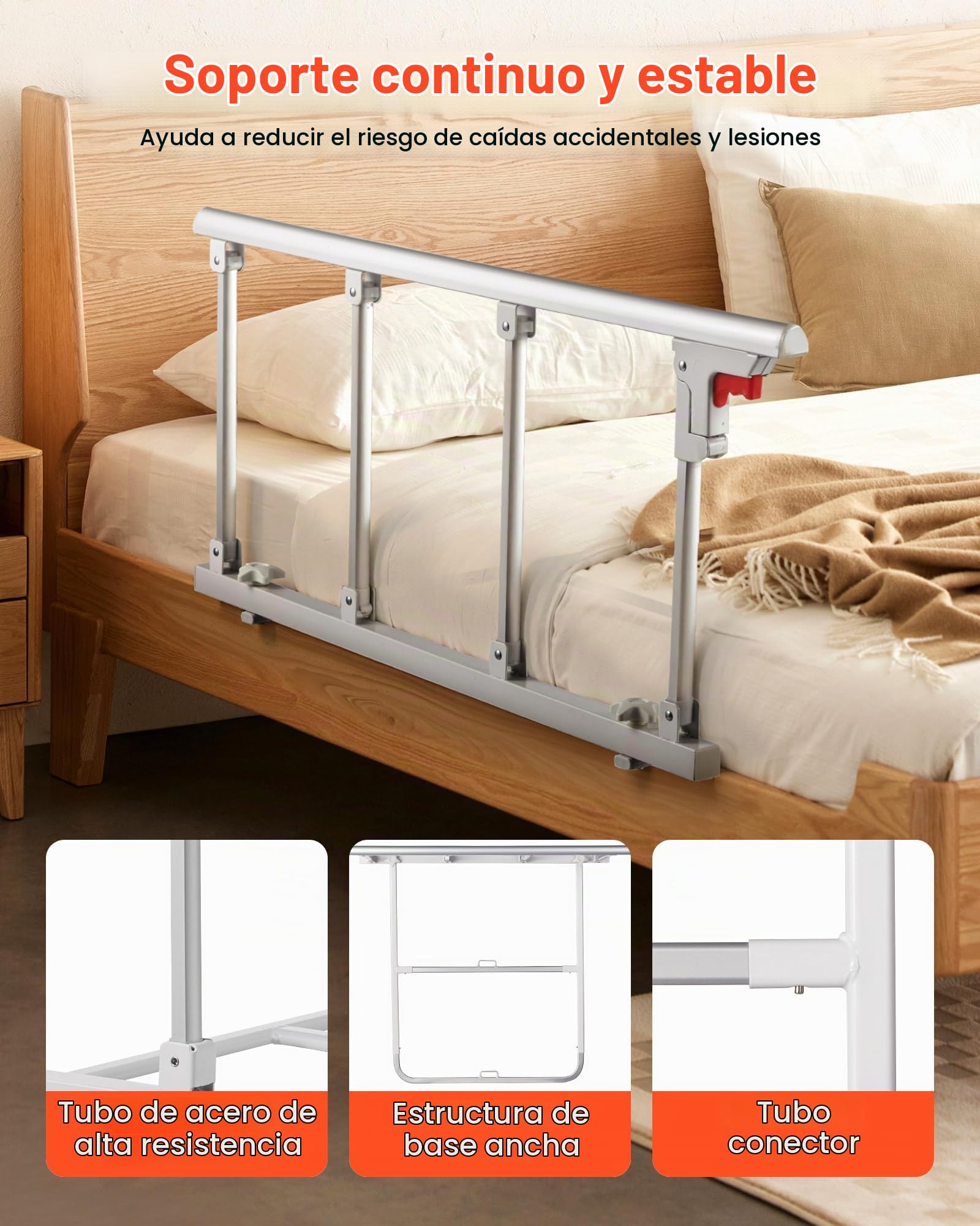 VEVOR Barandilla de Cama Plegable a Personas Mayores, 97 cm, con Correa de Sujeción, Protección Anticaídas y Protección de Bordes, Compatible con Camas King, Queen, Matrimoniales e Individuales