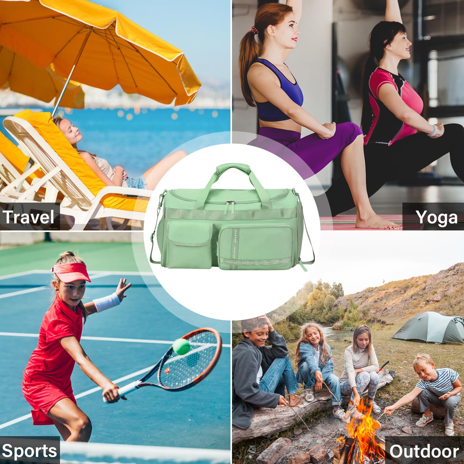 MAXTOP Reisetasche für Damen, Handgepäcktasche, Wochenendtasche, Übernachtungstasche, großes Fassungsvermögen, mit Schuhfach, Sporttasche mit Trocken- und Nass-Trennung, Matcha-Grün, Large size,