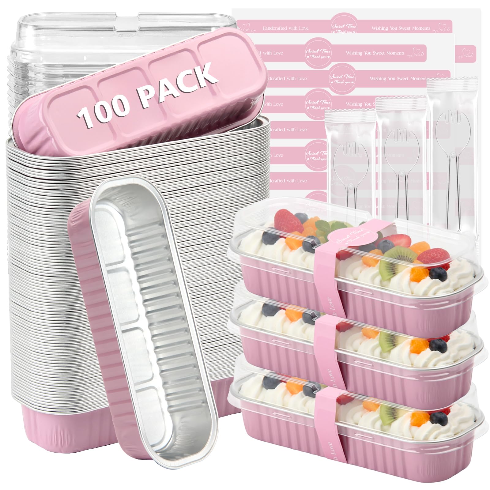 Ruckae 100 Pack Mini Loaf Cake Pan with Lids and Spoons Disposable Aluminum Tin Foil Pans Rectangle Mini Loaf Pans with Lids for Baking,Party,Picnics,Holidays (Pink)