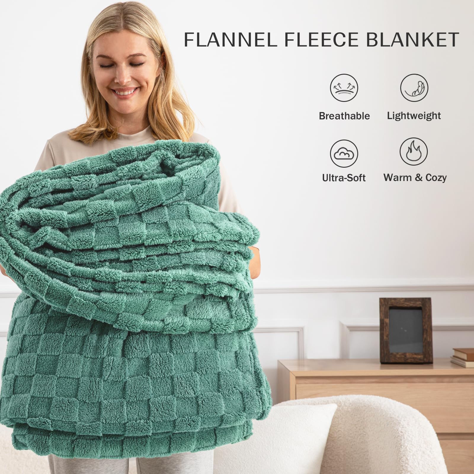 Manta de forro polar para sofá, súper suave y cálida, ligera con patrón a cuadros para todas las estaciones, 50 x 60 pulgadas, celadón 3