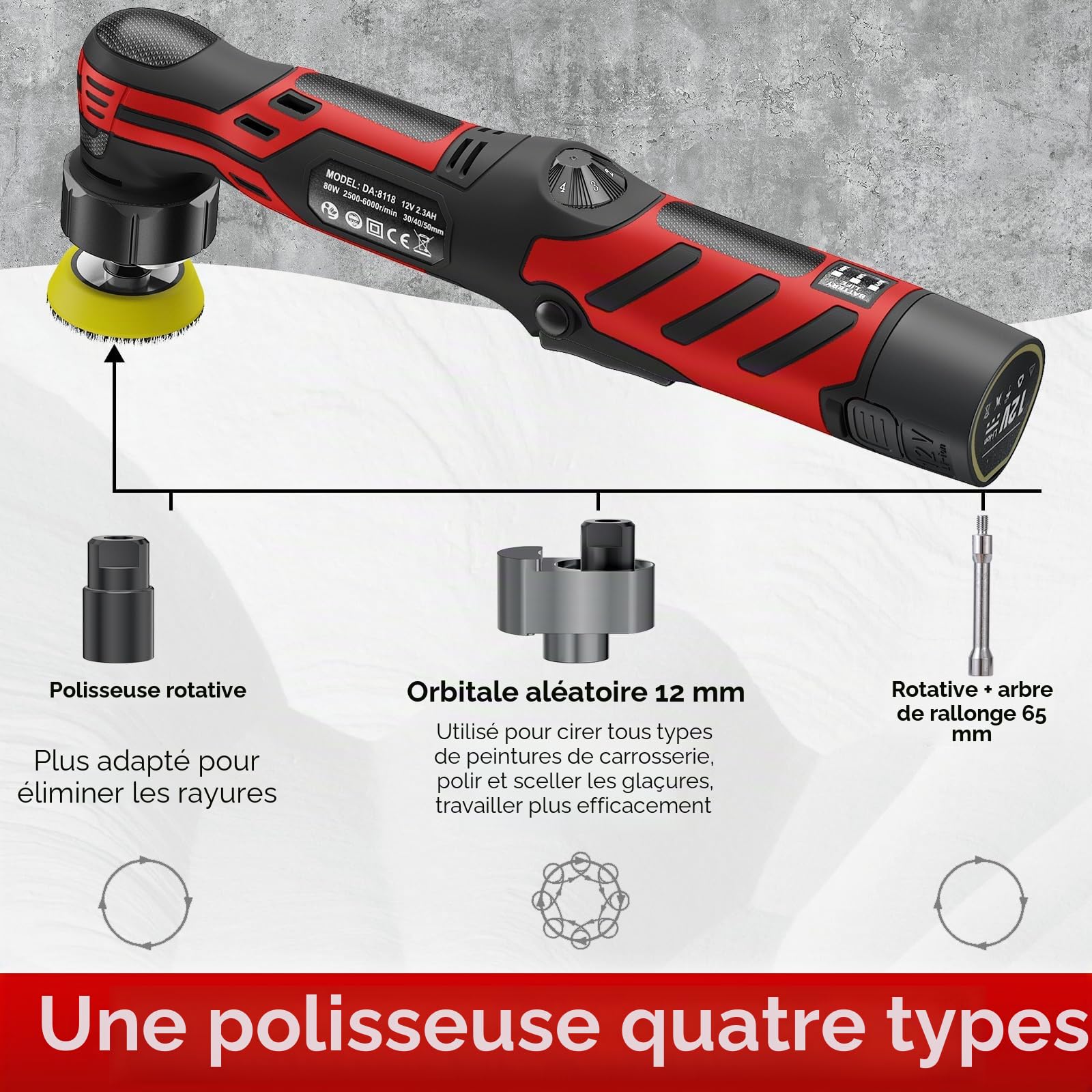Mini polisseuse sans fil, 1/1,5/2" avec 11 vitesses, 2 batteries de 2,3 Ah et chargeur, pour polissage de détail de voiture, traitement de peinture et jantes – 2500-6000 tr/min, légère et polyvalente