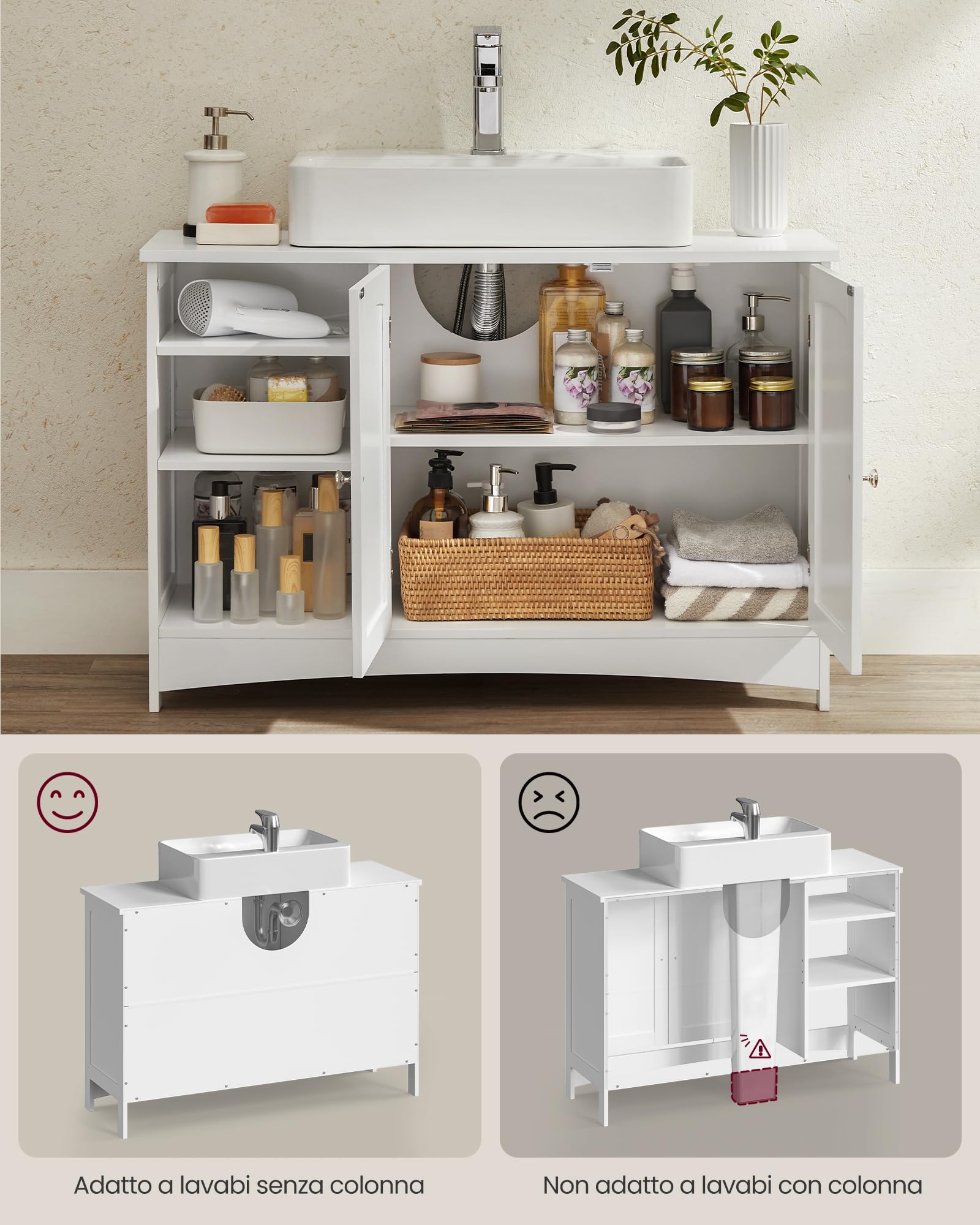 VASAGLE Mobile Sottolavabo, Mobiletto da Bagno, Extra Lungo, 30 x 90 x 60 cm, Armadietto da Bagno con Anta Doppia e Scaffale Aperto, Ripiani Regolabili, Bianco BBC410P31