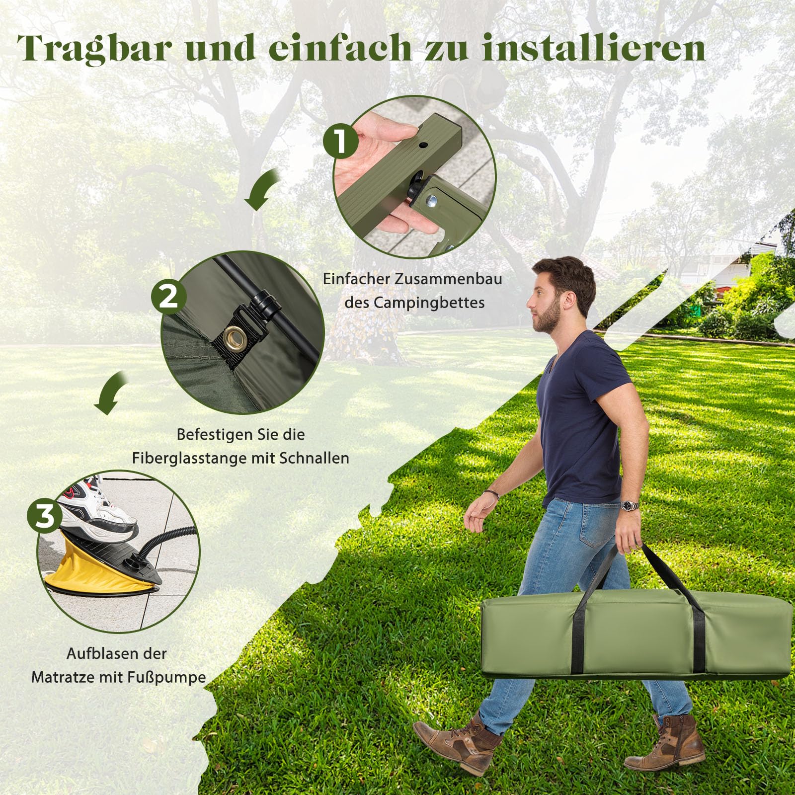 GYMAX Tienda de Campaña con Cama de Campo, Cama de Camping con Saco de Dormir, Colchón de Aire y Almohada, Tienda de Campaña con Protección Solar y Bolsa de Transporte