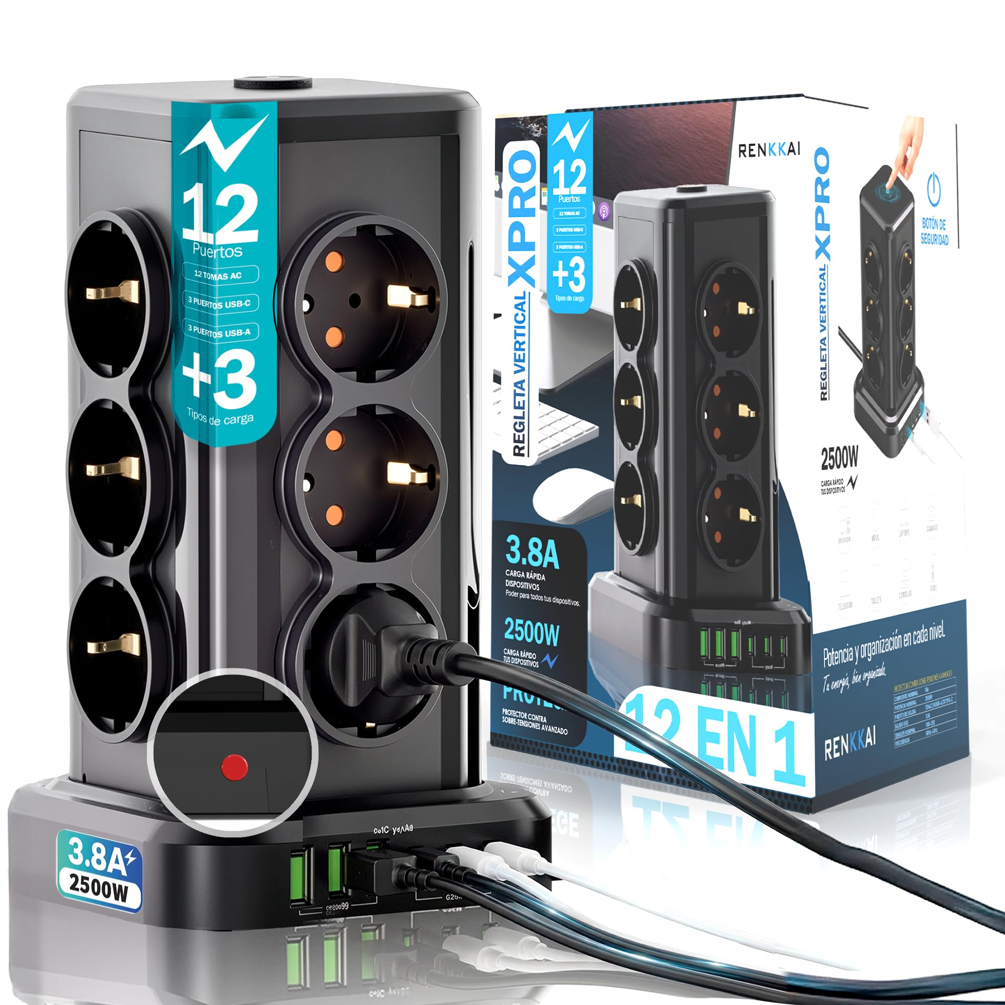 Regletas Enchufes 18 Puertos con Interruptor | Alargador | Regleta Enchufes con USB | USB 3 + 3 Puertos USB Tipo C | Enchufe Multiple | Torre enchufes Vertical | Cable de 3 M