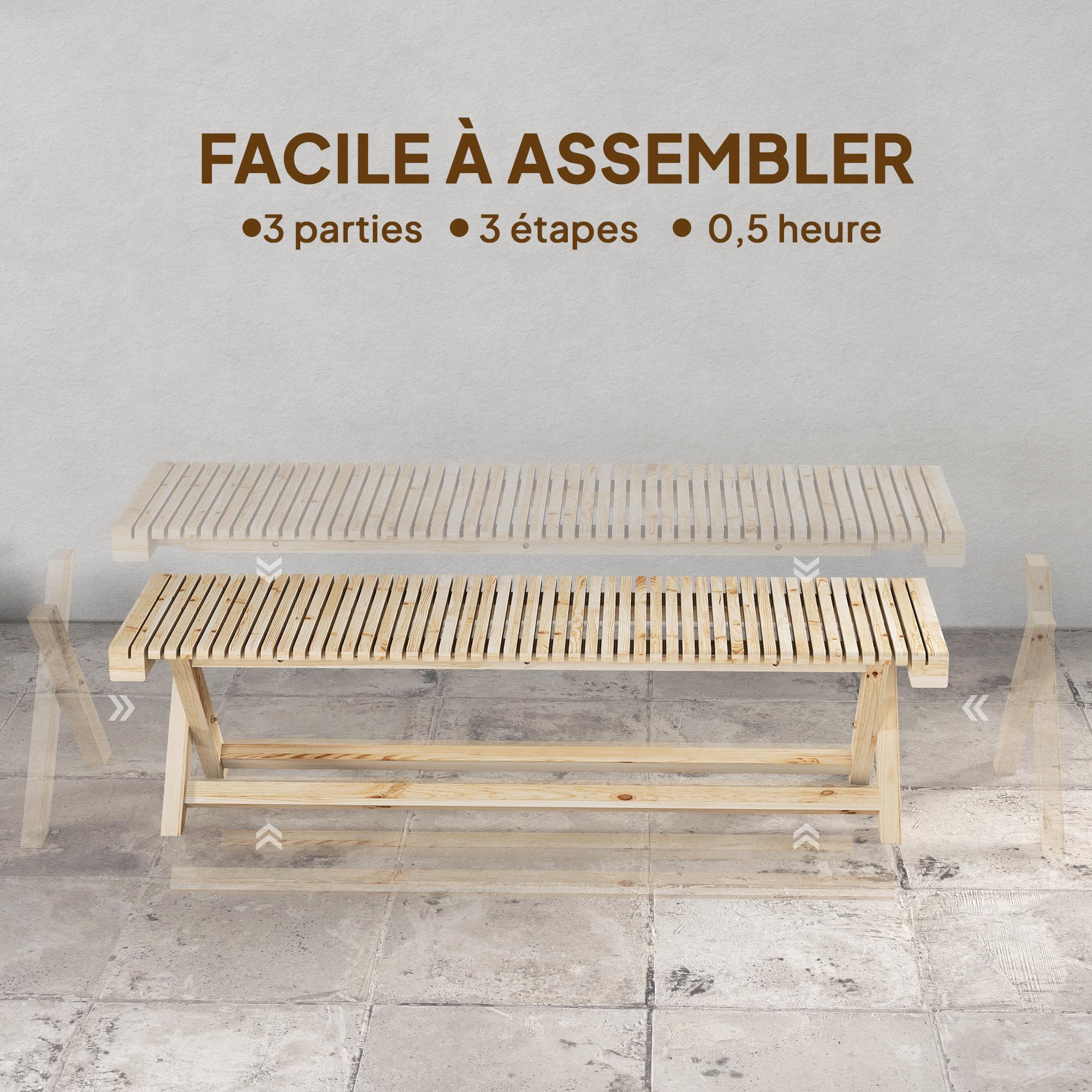 Outsunny - Banco de jardín de madera maciza, banco de jardín con asiento de lamas efecto madera, sin respaldo, para patio, balcón, parque, capacidad 240 kg, 140 x 40 x 43 cm, efecto madera natural