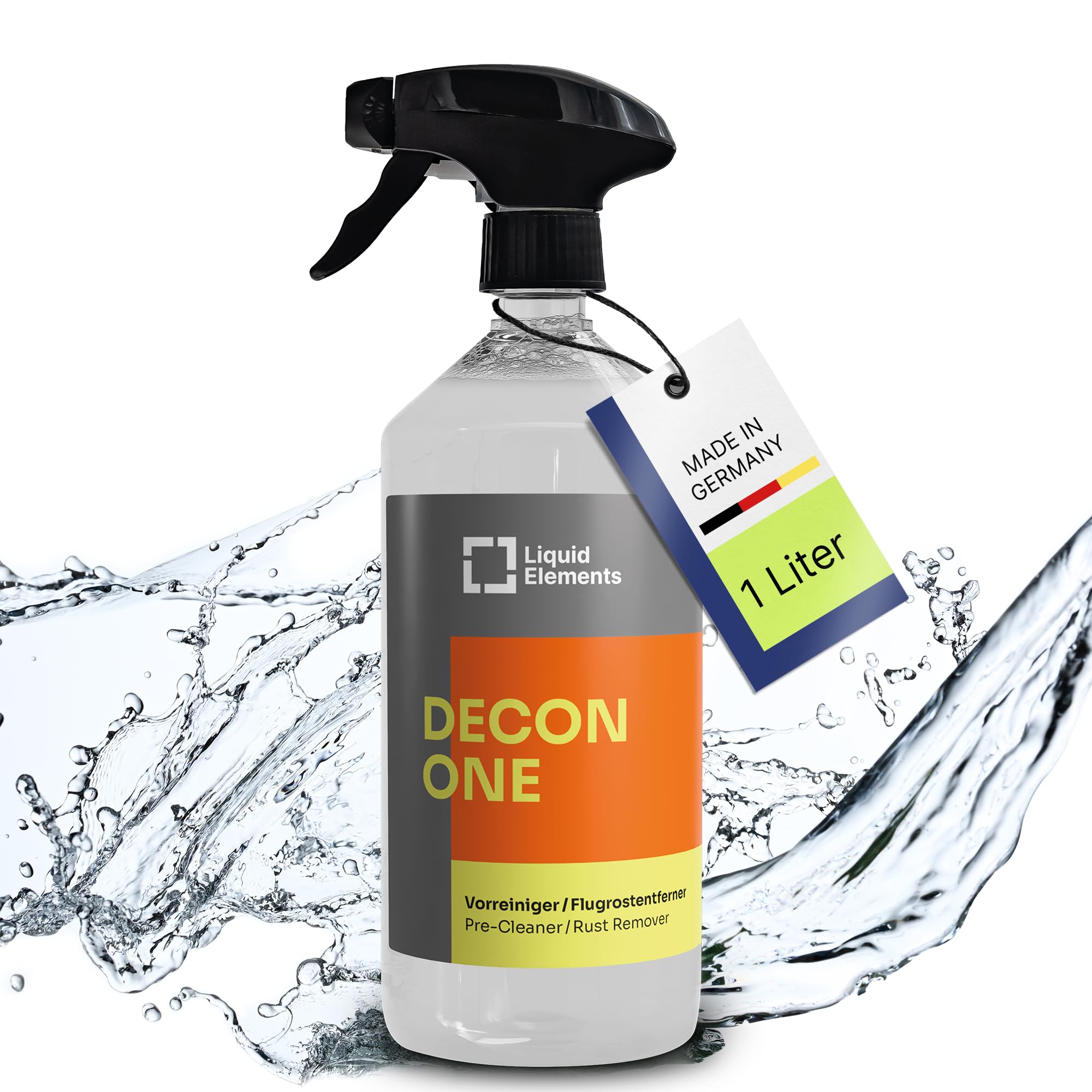 Liquid Elements – Decon One Flugrostentferner Auto & Vorreiniger 1L – Starke, säurefreie Reinigungsformel – Materialschonend & pH-neutral – Entfernt Öl, Teer, Flugrost & Schlamm – Made in Germany