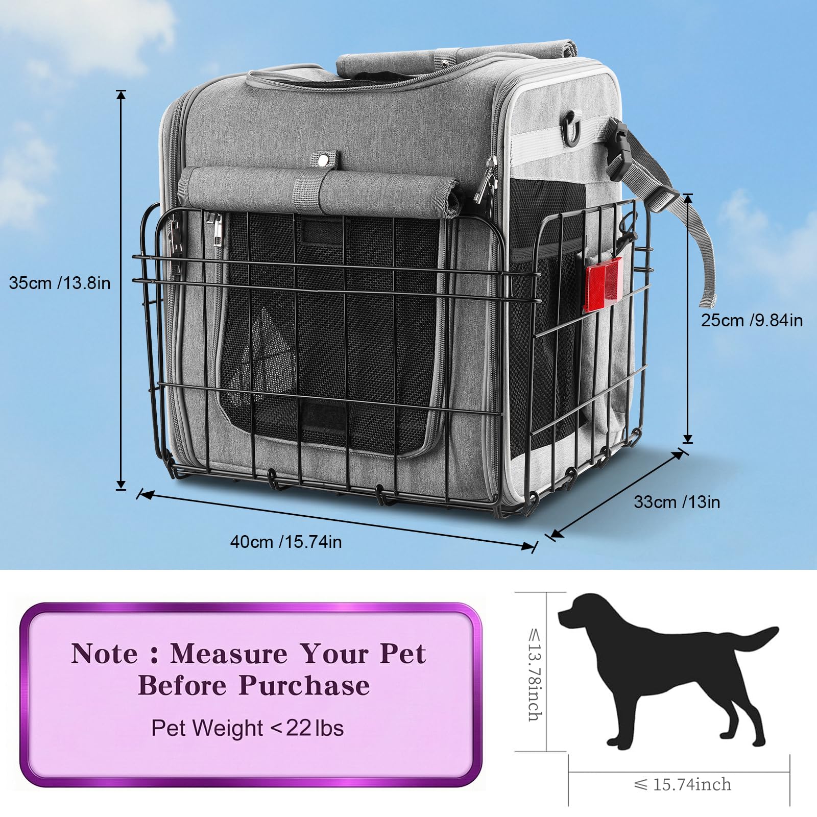 Eiito Panier de vélo pliable pour chien avec laisse de sécurité et insert rembourré, porte-animaux de compagnie pour chiens et chats de petite et moyenne taille jusqu'à 10 kg, panier de vélo arrière