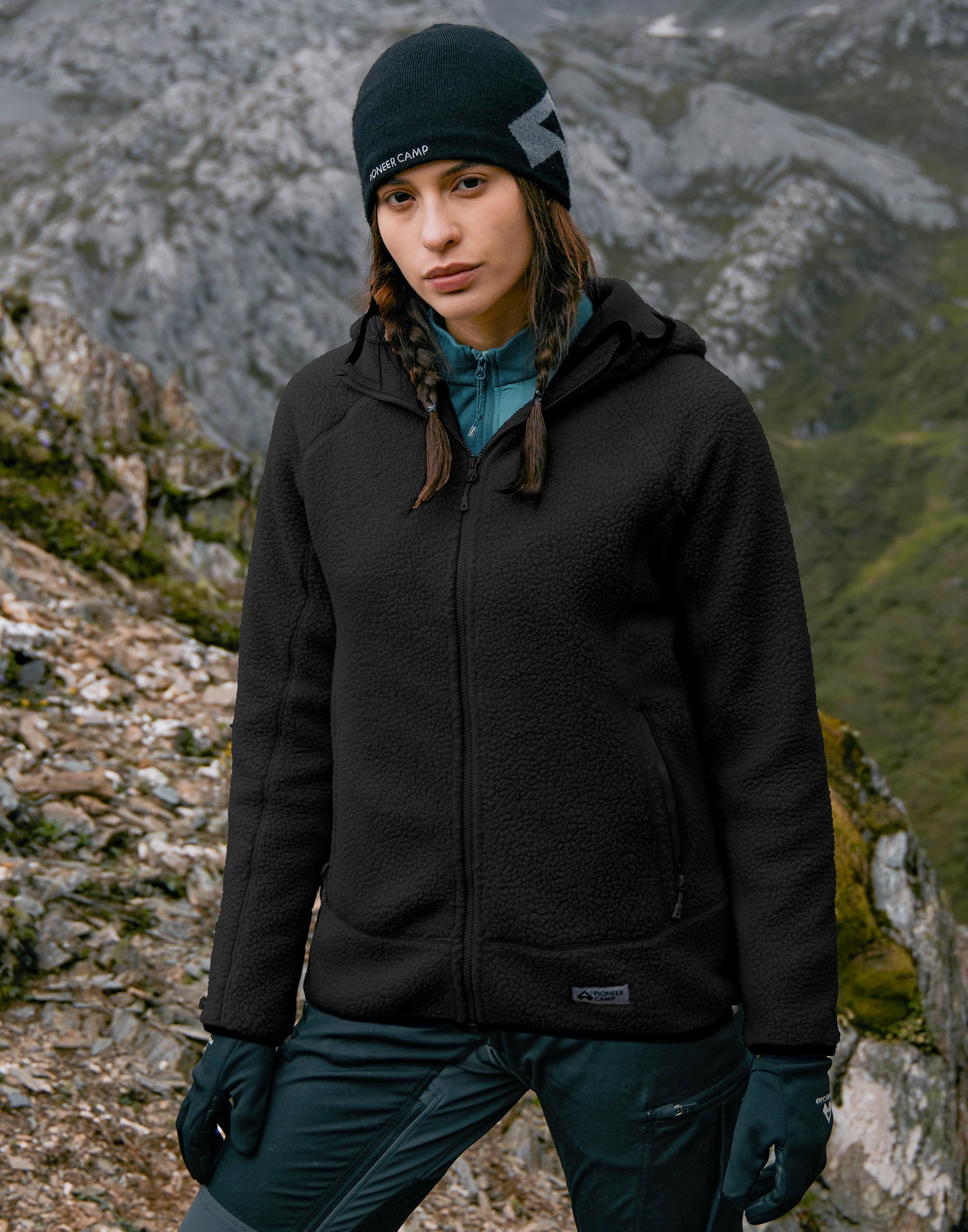 Pioneer Camp Giacca da donna in pile con cappuccio, tripla isolazione, tasche laterali, orlo elasticizzato per escursioni, campeggio