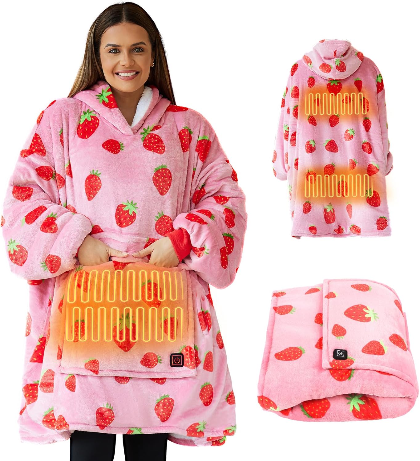 Heated Wearable Blanket Hoodie, 3 Heat Level Oversized Strawberry Blanket Hoodie for Women Without Battery Pack, Cozy Warm Sweatshirt Blanket, USB Heating Hooded Blanket w/Sleeves&Giant Pocket