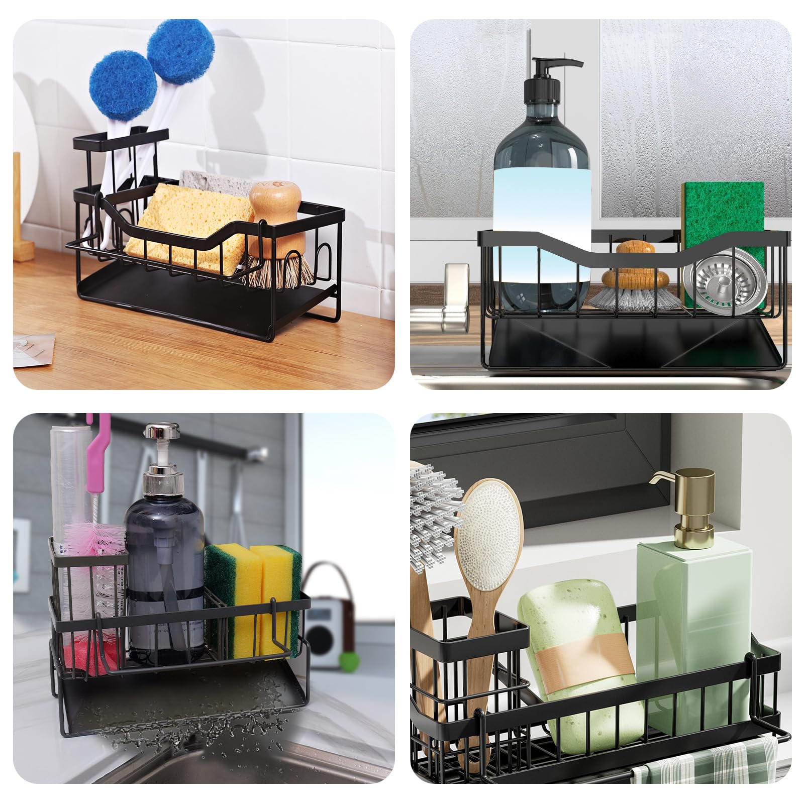 Spülbecken Organizer Schwarz, Küchen Sink Caddy Organizer, Küchenorganisator, Hängendes Waschbeckenregal Lagerung, Kein Bohren Erforderlich, 1 Selbstklebender Haken, Geeignet für Küche und Bad