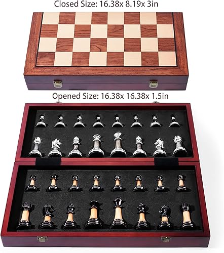 Miniatura 3 de VAMSLOVE Juego de ajedrez grande de 16 pulgadas/16.5 in de tablero de madera plegable con piezas de ajedrez acrílico ponderadas de lujo, tamaño King