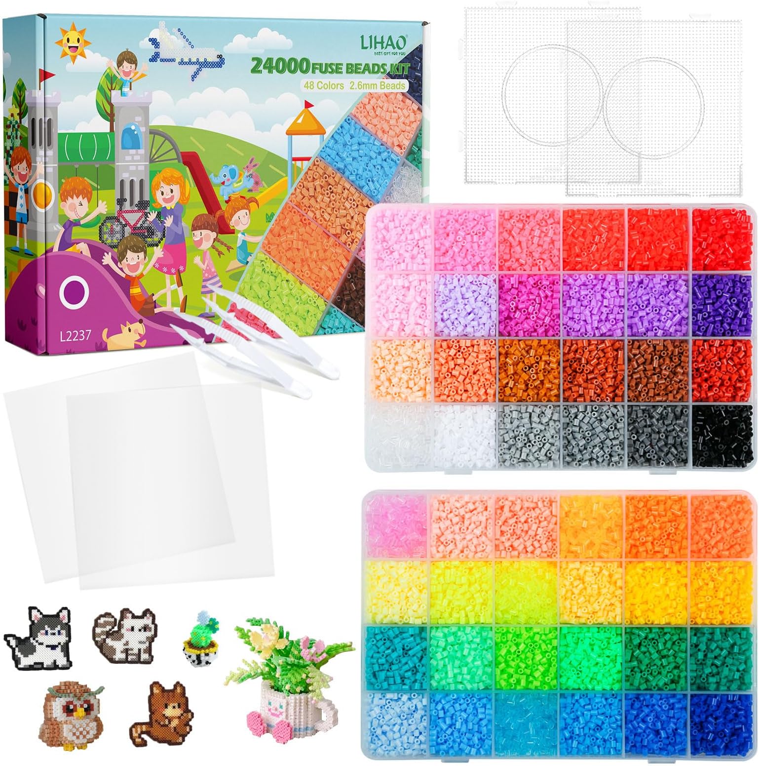 LIHAO 2.6mm Mini Fuse Beads Kit for Crafts, 24000 pcs 48 Colors Fuse Beading Kit Multicolored Iron, Great Supplies for Fuse Beads Artist