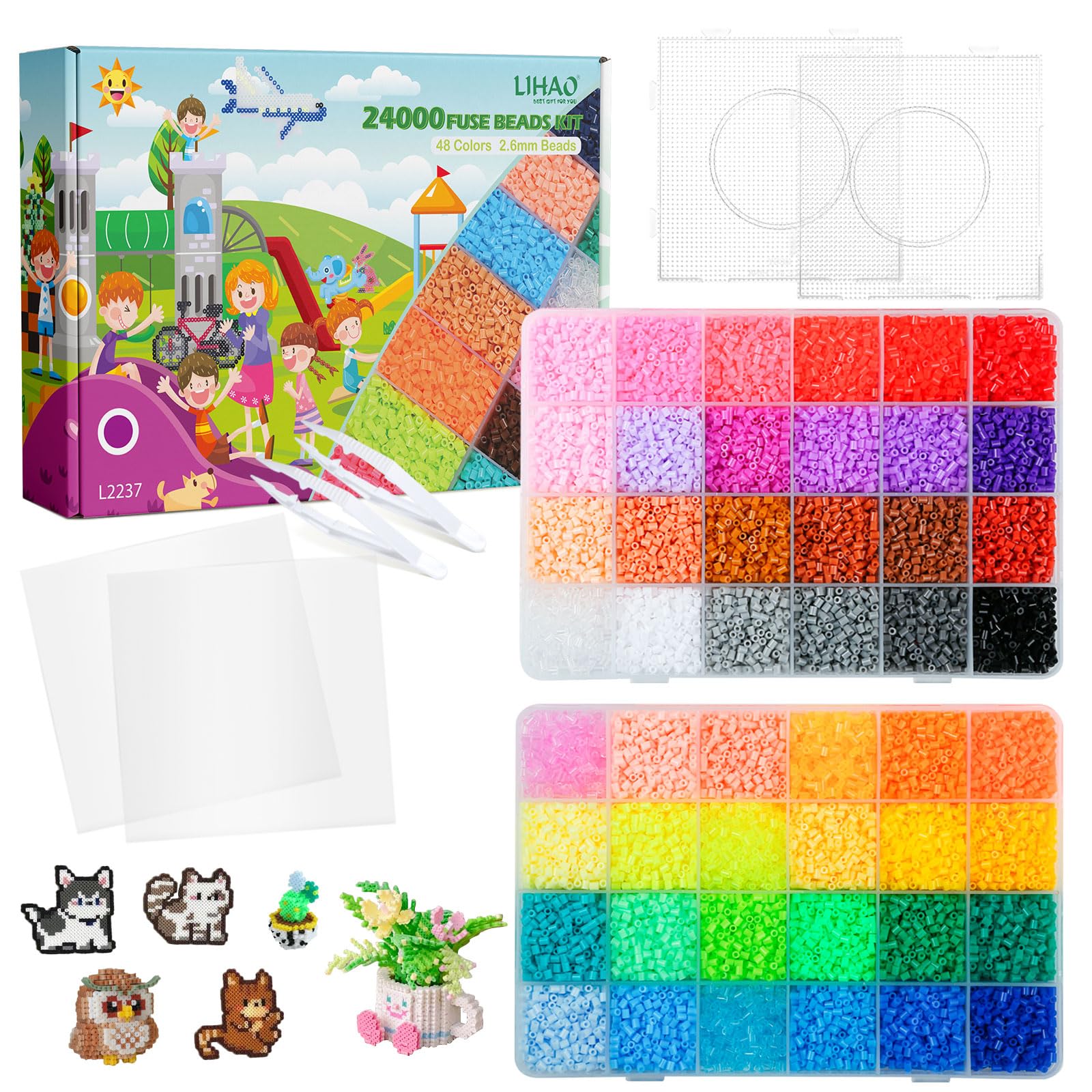 LIHAO 24000 PCS Fuse Beads 2.6mm Fuse Beads Kits 48 Color Iron Beads Set with 2 Pegboards 2 Tweezers 2 Ironing Papersfor DIY Craft Making