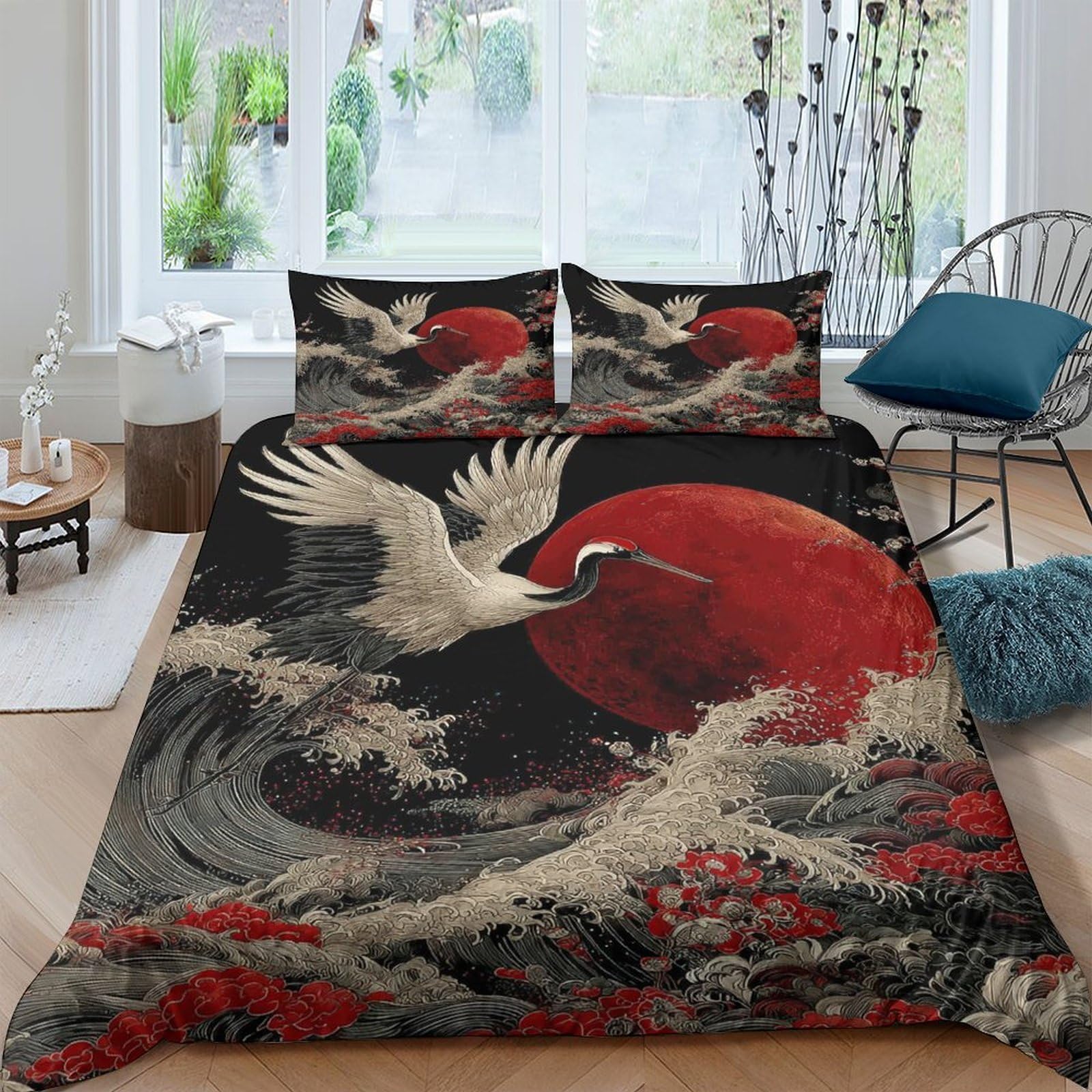 Ctjqhvkz Style-6 3D Printed Japanese Crane Fitted Sheet Microfiber Red Sun Wave Mattress Cover For Bedroom Guest Room Decor Single（135X200cm）