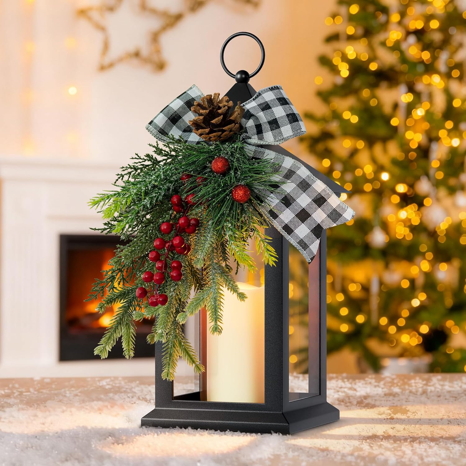 Christmas Decorative Lantern with LED Candle – Black Lantern with Pinecones, Black Bow – Battery Operated Christmas Table Centerpiece for Indoor Decor(1pack)
