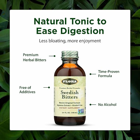 Flora - Swedish Bitters for Digestion, Alcohol-Free Bitters Help Bloating & Digestion, Maria's Original Formula Aqueous Extract, Vegan, Kosher, Non GMO, 3.4-fl. oz. Glass Bottle