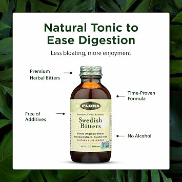 Flora - Swedish Bitters for Digestion, Alcohol-Free Bitters Help Bloating & Digestion, Maria's Original Formula Aqueous Extract, Vegan, Kosher, Non GMO, 3.4-fl. oz. Glass Bottle