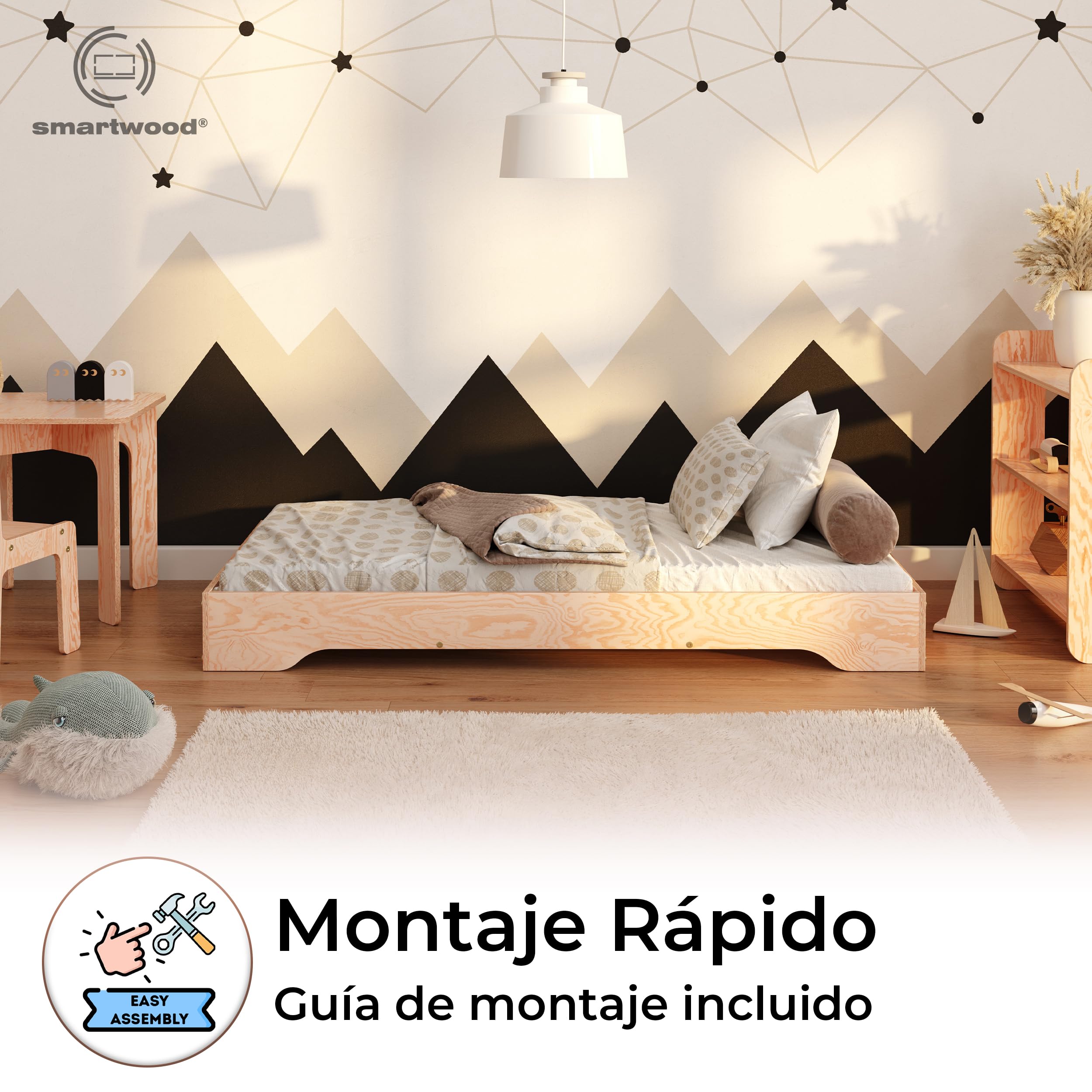 smartwood Cama Montessori 140x200 cm - Cama Infantil de Madera de Pino Certificada FSC con Somier de Listones - Capacidad de Carga 300 kg - para Niño y Niña - Montaje Sencillo - TILA 7