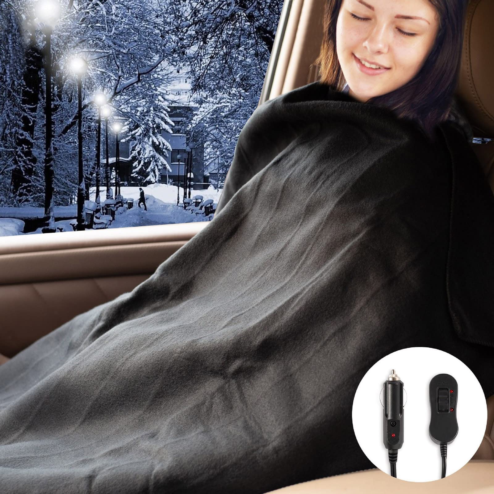 Manta eléctrica para coche, 12 V, manta de viaje con calefacción eléctrica, 3 niveles de temperatura ajustable, ligera, portátil, manta eléctrica para coches, para clima frío y camping, para dormir