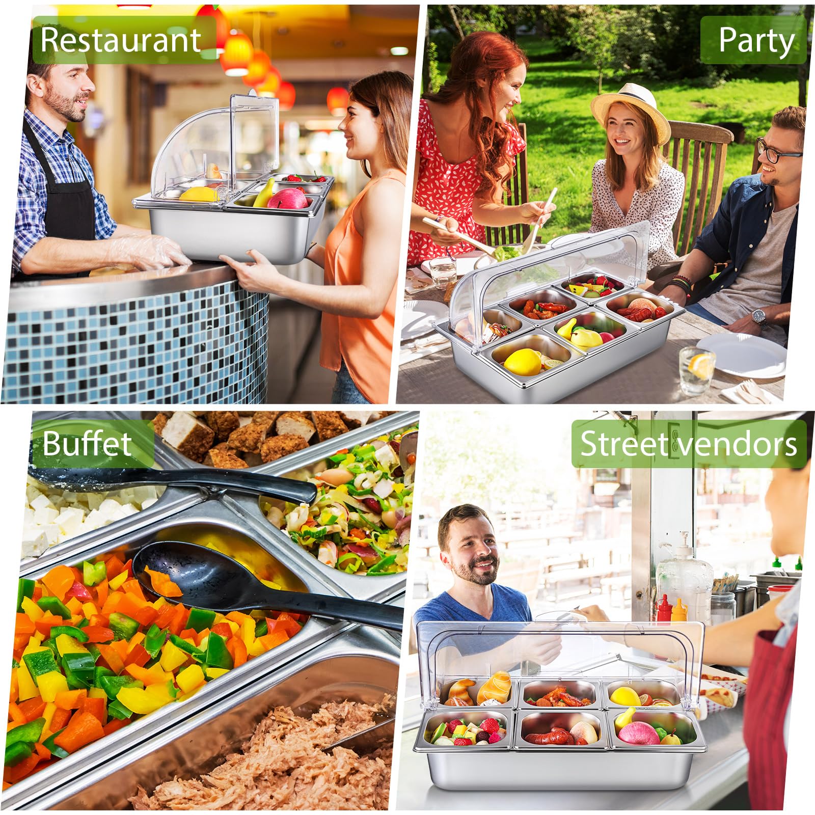 Expositor de acero inoxidable para servir buffet de 6 sartenes con cubierta superior enrollable transparente de 21 x 13 x 11 pulgadas, dispensador de condimentos y estante de alimentos refrigerado por