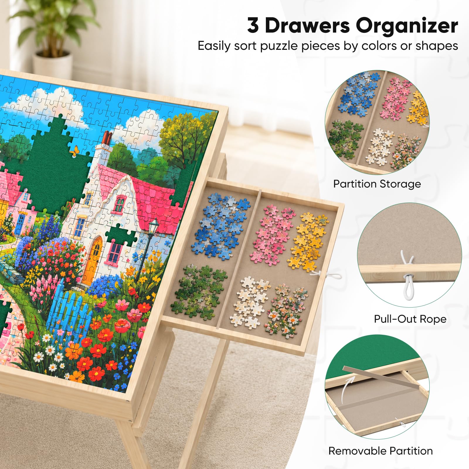 Tavolo Puzzle Portatile con Gambe, 77 x 57cm, in Legno Regolabile con 3 cassetti e Copertura,3 Angoli di inclinazione, Tavolo Puzzle per Adulti（1000 Pezzi ）