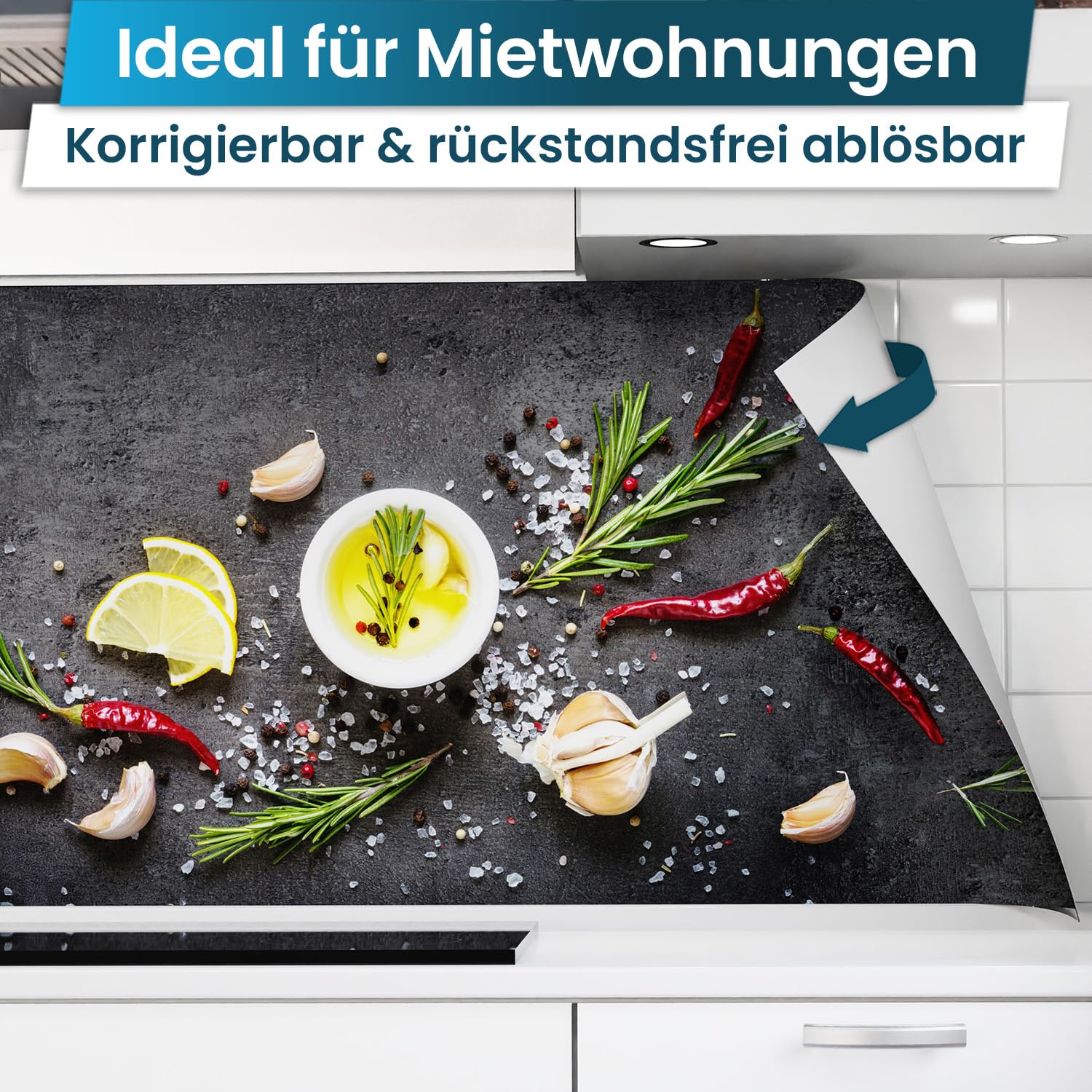 danario Küchenrückwand selbstklebend - Glasoptik - Spritzschutz Küche - versteifte PET Folie - 0,8 mm - Gewürztafel - 60cm x 220cm