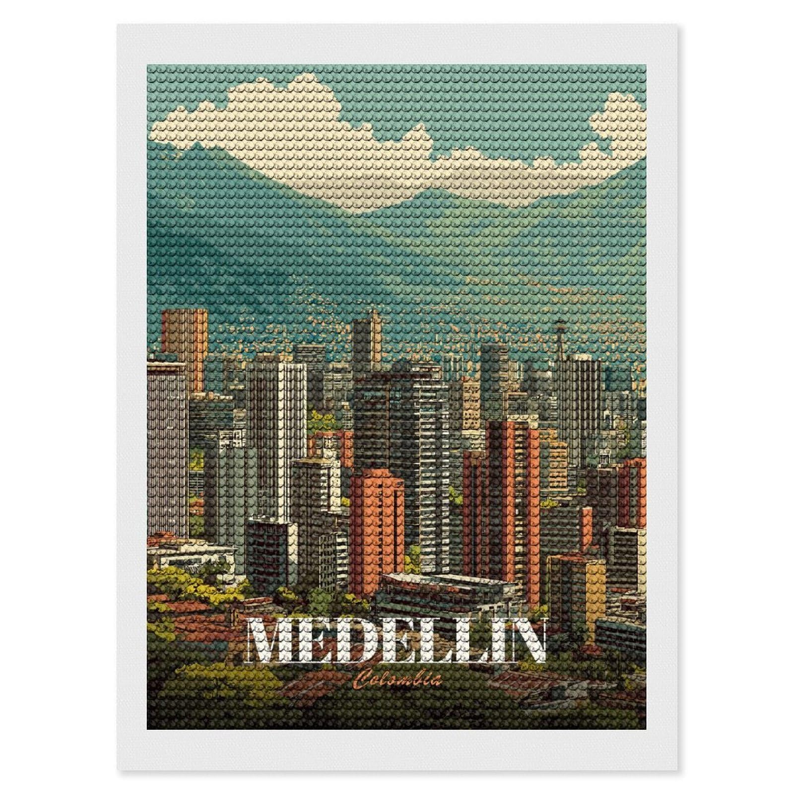 Junmoney Medellin, Colombia Cityscape DIY Diamond Art Canvas Kit 12"x16", Christmas Gift, for Family Craft Time, Leisure Activity, Home Wall Art