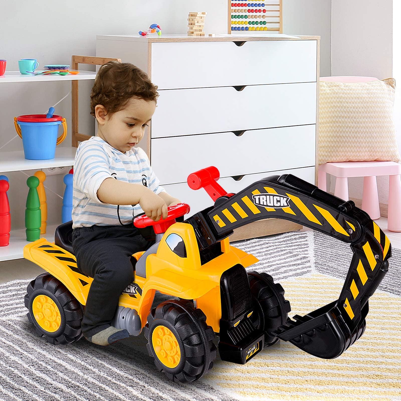 RELAX4LIFE Excavadora de Juguete para Caballo, Excavadora Gigante para niños de 3+ años, Excavadora eléctrica con Asiento Amplio y Sonidos, Ruedas deslizantes para césped, Madera y Playa, 84x45x30cm