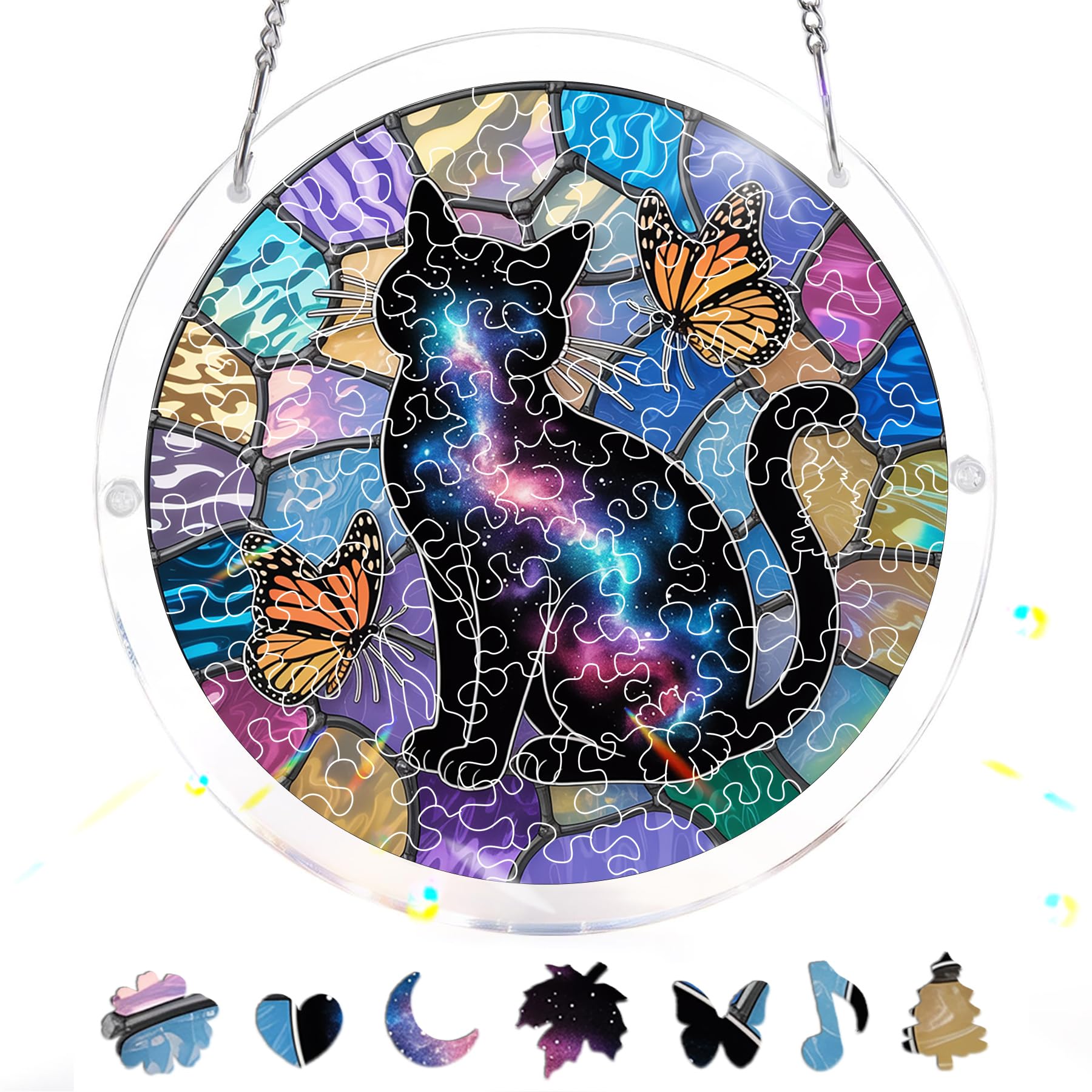 Pavemlo Acrylic Puzzle Suncatcher Cat 83 Pieces, DIY Stained Glass Window Art, Jigsaw Puzzles for Adults, 18x18cm Double-Sided Light Catcher with Chain, Unique Home Decor & Birthday Gift F183
