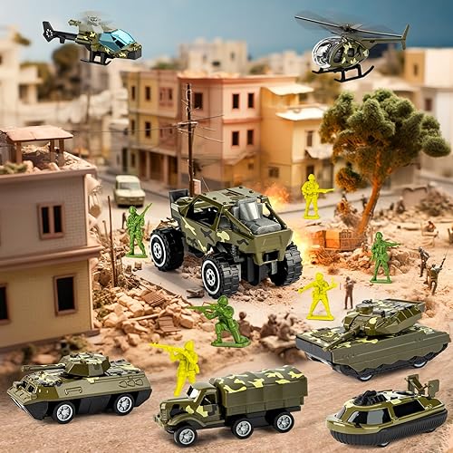 Miniatura 3 de Doloowee Camión militar verde 14 en 1, juego de tanques del ejército con hombres soldados, juguetes de hombres del ejército, juguete de camión