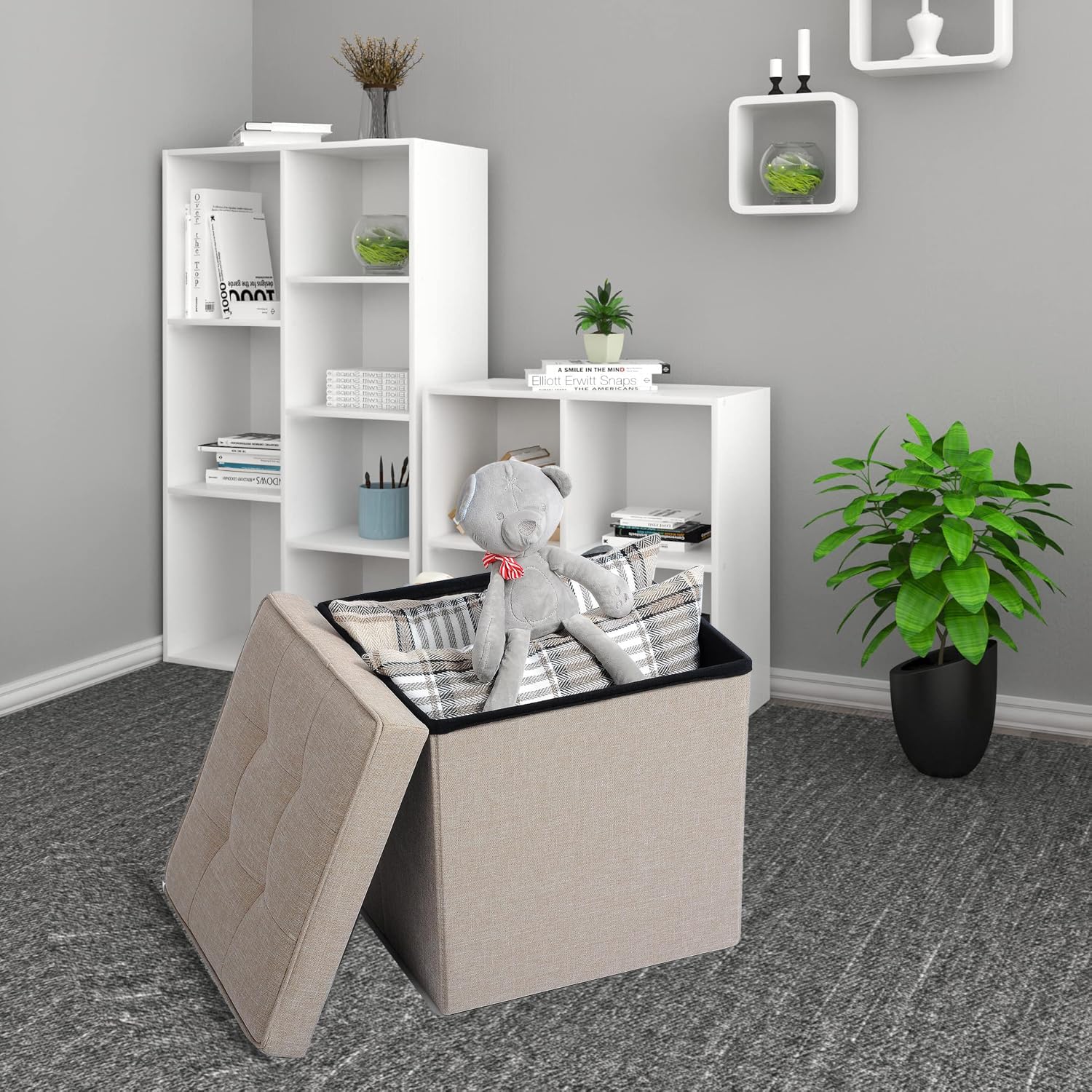 WOLTU Juego de 2 Taburetes con Almacenamiento Plegable, Asiento de Lino Acolchado, Tapa Extraíble 37.5x37.5x38CM (LxWxH), Beige