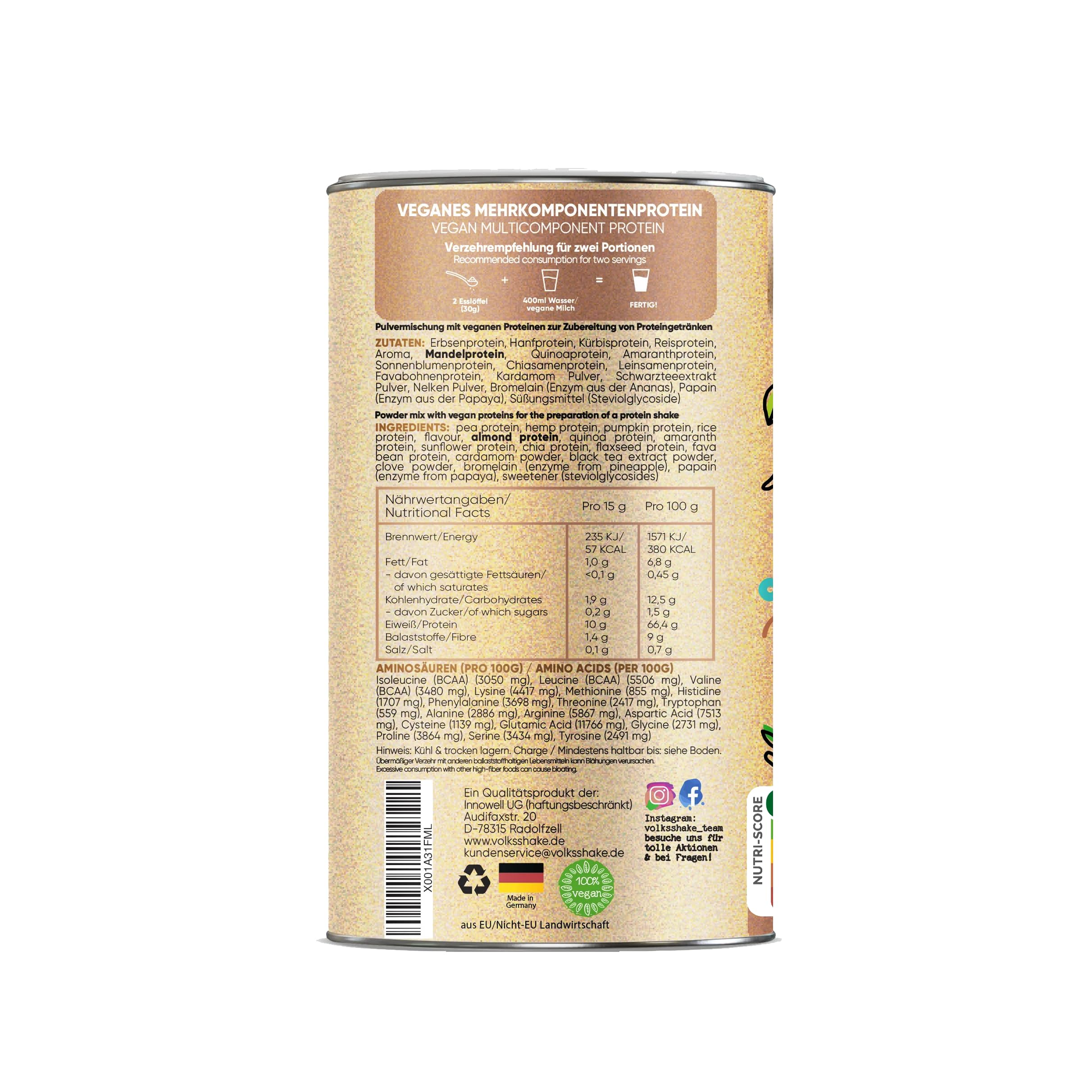 Białko wegańskie Chai Latte | Volksshake | z 10 wegańskimi białkami | z naturalnymi enzymami | białko migdałowe, konopne, dynia, komosa ryżowa