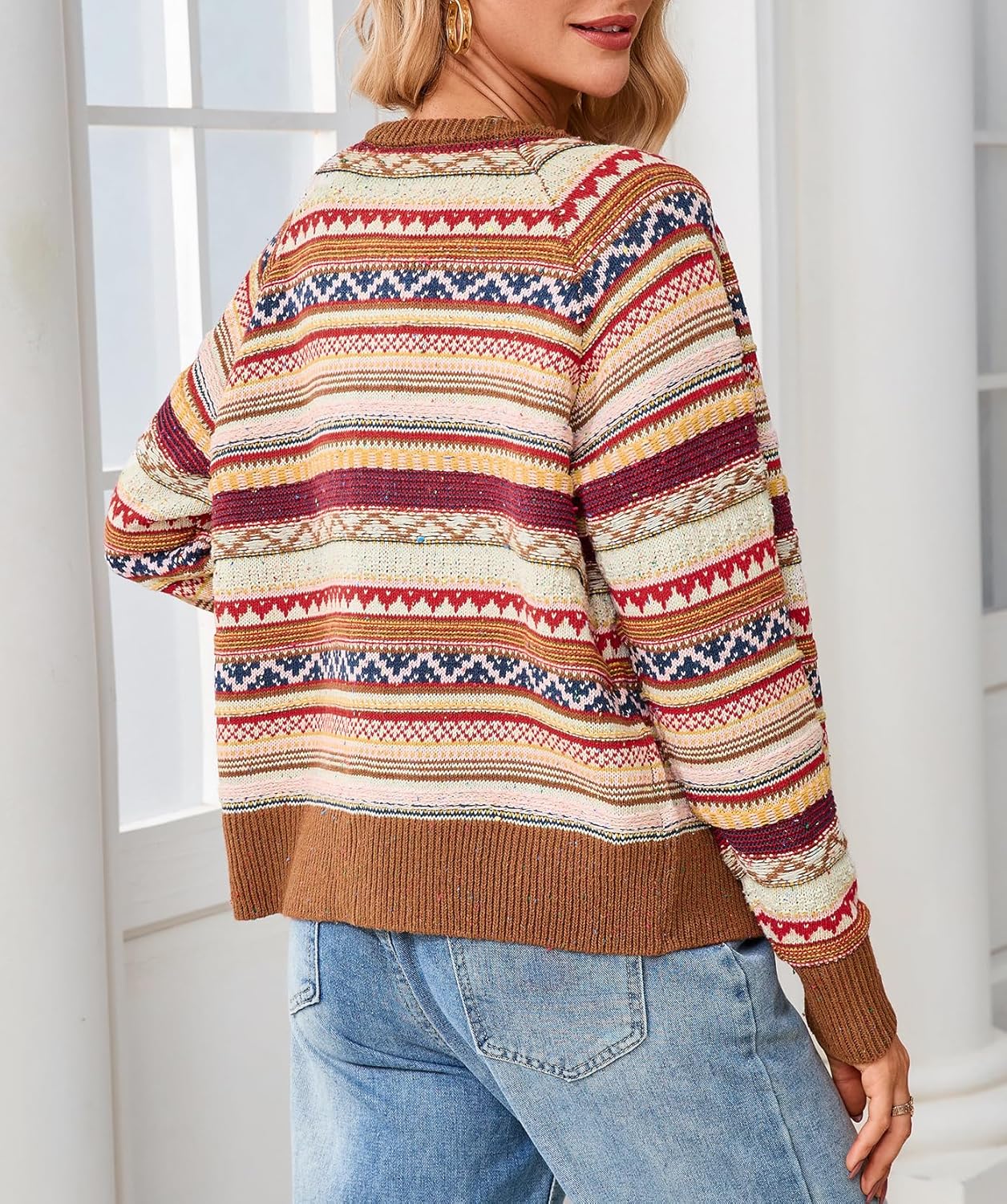 Ladyful Women's Striped Cardigan Sweaters Button Down Chunky Knit Color Block Long Sleeve Tops Fair Isle Sweater Coats - Image 3