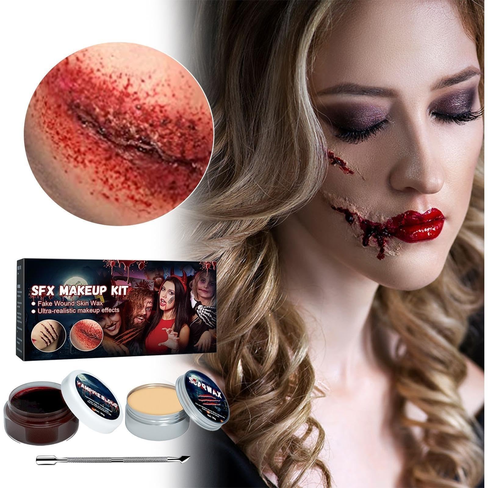 JetlagClockScar Wax Kit, Fake Blood Special Effects Scab Coagulated Blood Gel (1.06Oz), Fake Wound Molding Modeling Scar Wax with Spatula, SFX Halloween Stage Makeup Skin Wax（1.06Oz )