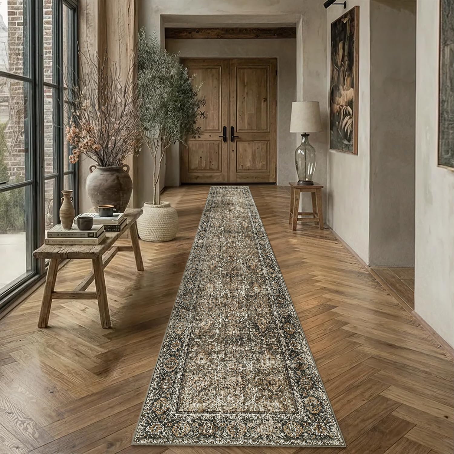 PureCozy Brown Runner Rug 2'6"x16' Vintage Area Carpet Hallway Long Indoor Kitchen Washable Living Room Low Pile Traditional Distressed Retro Accent Rug Non Slip Laundry Bathroom Office Dining Room — image 1