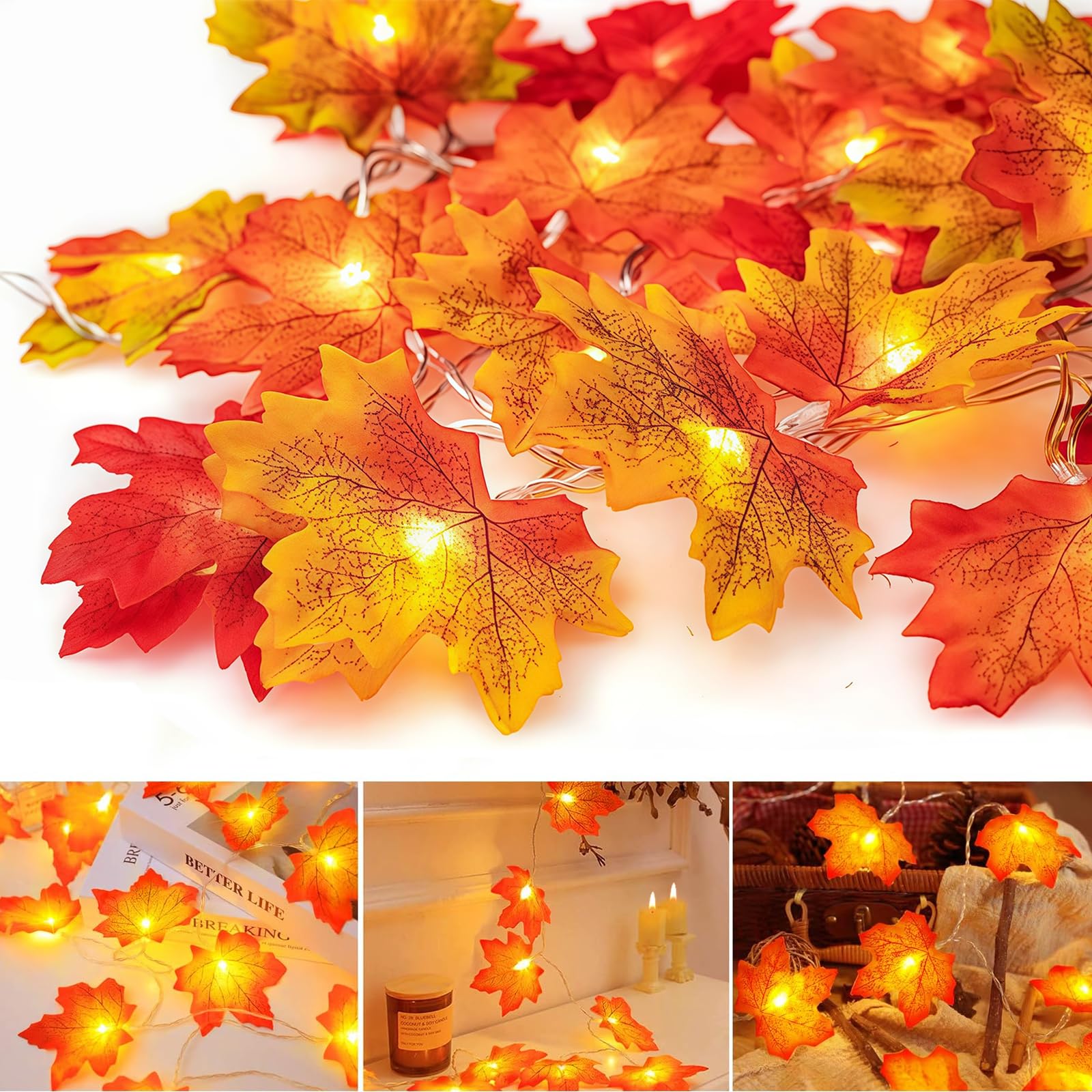 Solihigh Maple Leaf Lights,3M 20 LED Autumn Decoration Autumn Leaf Lights for Fall Decor Halloween Decorations New Year Festival Party Indoor Outdoor
