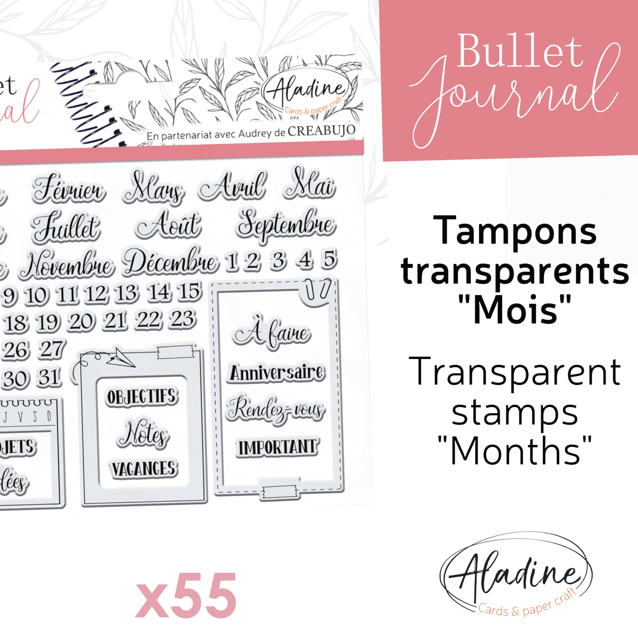 Aladine - Stampo Bullet Clear MIESIĄC ORGANIZACJI - Płyta z piankami, silikonowy ślad - Idealny do Bullet Journal, scrapbookingu, zeszytów - DIY 3958 Kreatywny wypoczynek Czarny