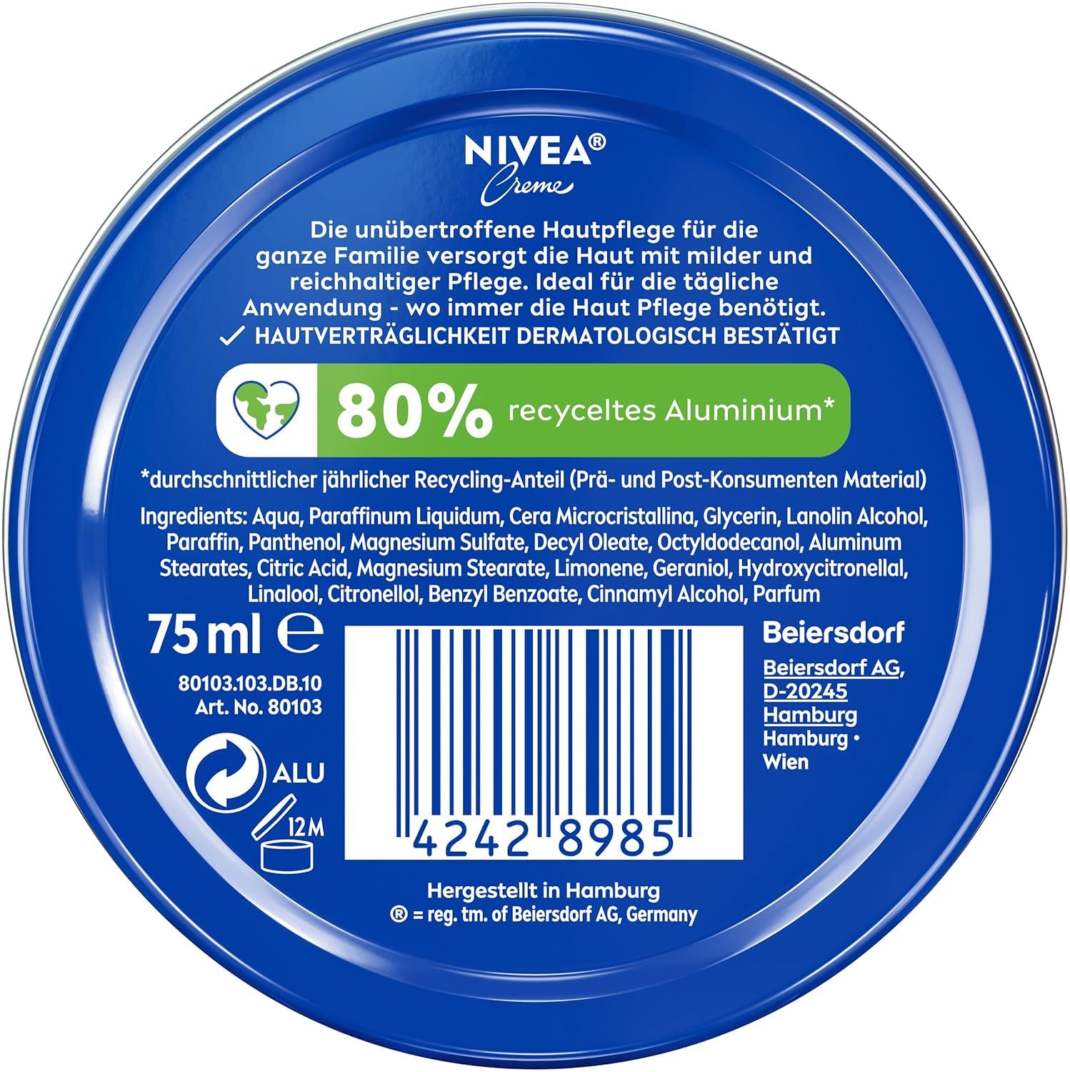 NIVEA Puszka kremowa uniwersalna pielęgnacja, klasyczny krem nawilżający do wszystkich rodzajów skóry, bogata pielęgnacja skóry z eucerytem pokrewnym (75 ml)