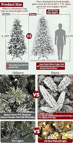 Miniatura 4 de Tacto muy grueso y realista Árbol de Navidad artificial preiluminado de 6.5 pies con 400 luces blancas cálidas, 1111 puntas de ramas de polietileno