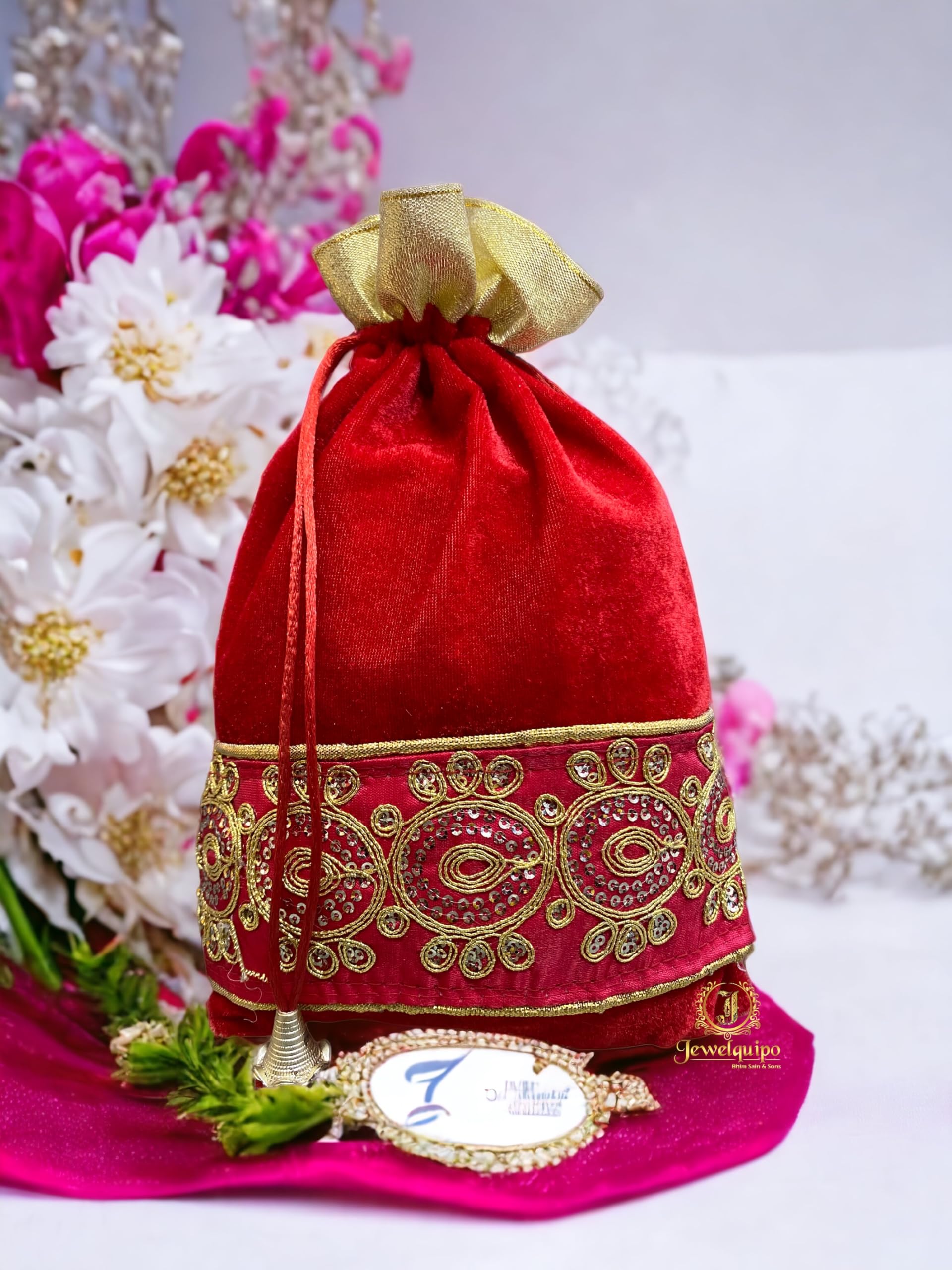 JEWELQUIPO Velvet Lace Potlis, Bridal Purse Women handbag Shagun Pouch Return Gifts Large Potli Bags for Return Gifts for Wedding| Party |Baby Shower| Dry Fruit Pouches 7x9 Inches (Red, 2)-image-11