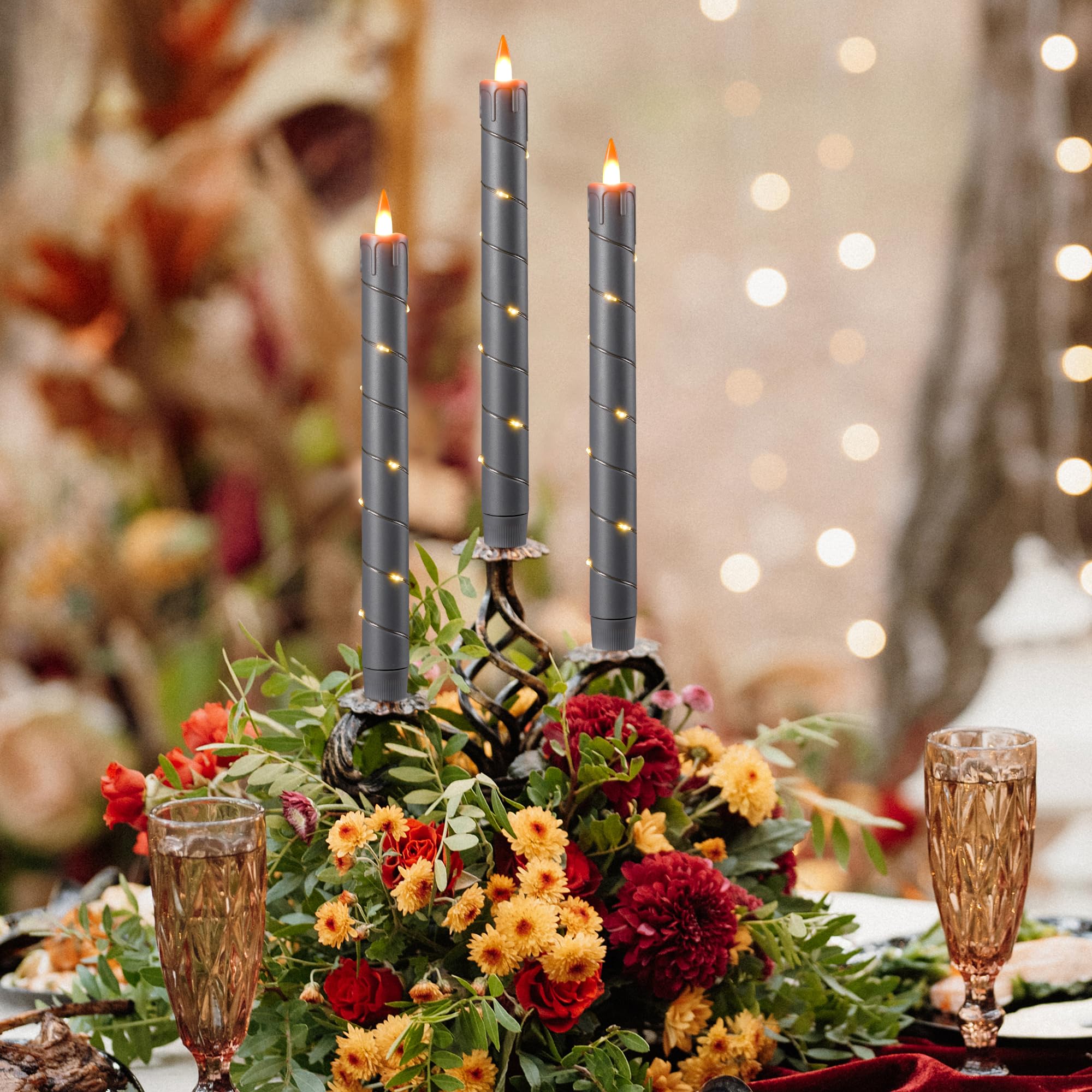 Da by 3 candele tremolanti senza fiamma, a batteria, candele da finestra con telecomando e LED 3D dinamico 3D, fiamma dinamica, 24 cm, per matrimoni, feste, decorazione della casa, colore grigio