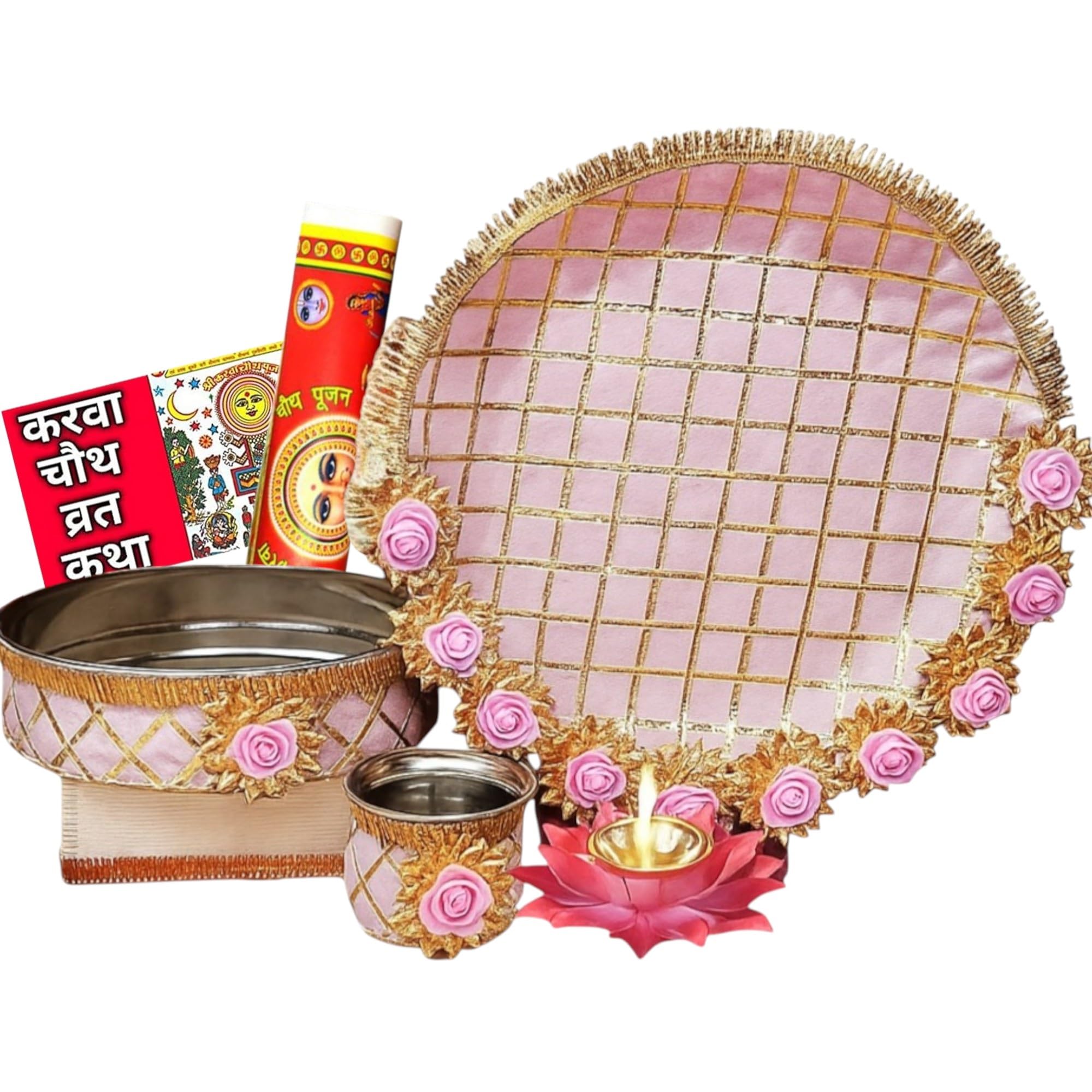 Plateau rond pooja thali artisanal avec articles de pooja indiens pour décoration de maison