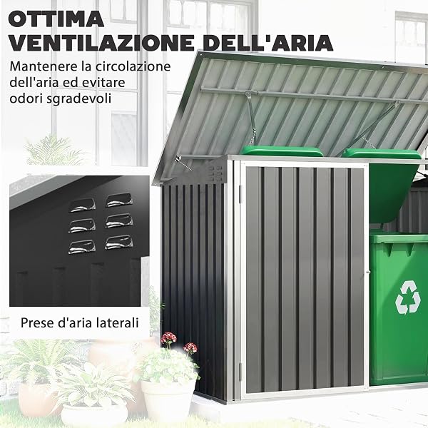 Outsunny Casetta per Spazzatura Esterna 1.91m² in Acciaio Zincato con 2 Porte Bloccabili, Contenitore per Bidoni Rifiuti con Tetto Apribile Prese d'aria, Capanno da Giardino per 2 Bidoni, Grigio Scuro - 5