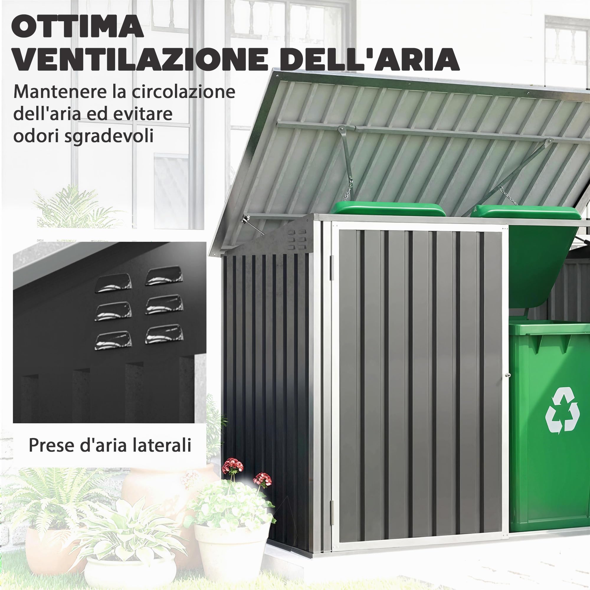 Outsunny Casetta per Spazzatura Esterna 1.91m² in Acciaio Zincato con 2 Porte Bloccabili, Contenitore per Bidoni Rifiuti con Tetto Apribile Prese d'aria, Capanno da Giardino per 2 Bidoni, Grigio Scuro - 5