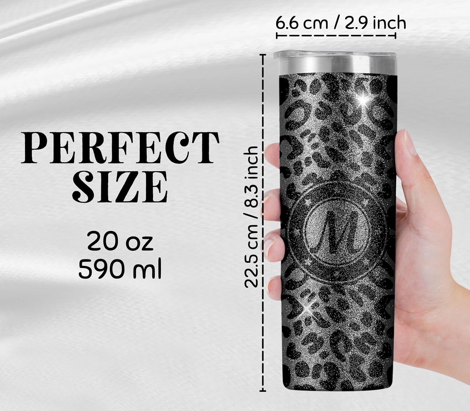 Onebttl Personalized Leopard Cup with Initial - Unique Cool Gifts for Women Who Have Everything on Birthday, Christmas - 20 oz Double-Wall Vacuum Tumbler with Lid and Straw - Black Glitter - Letter A - Image 2