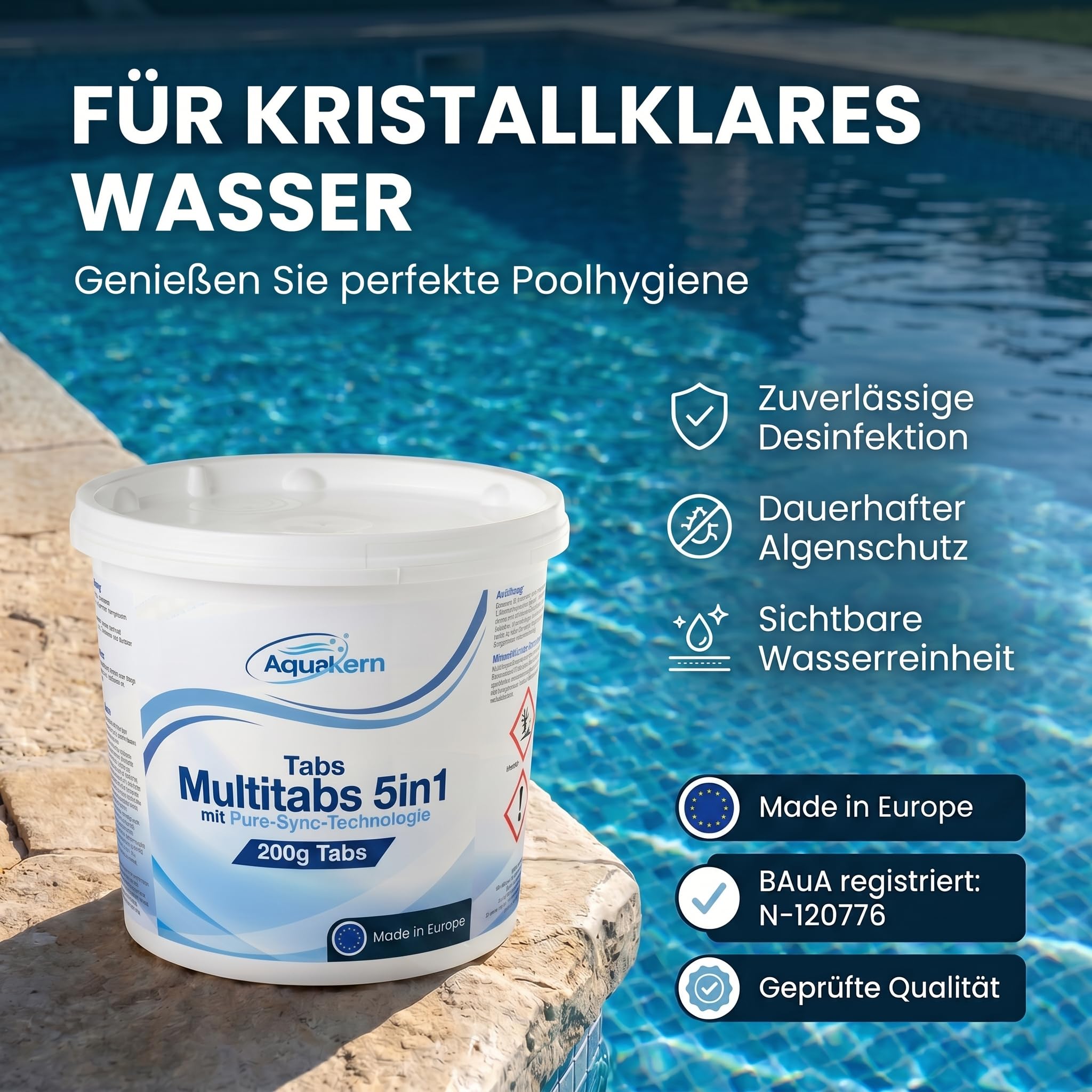 Chlortabletten Multitabs 5in1 Pool 200G 5KG [mit Pure-SYNC] einzeln verpackt | gegen Algen, mit pH-Regulierung, Pooldesinfektion & gegen Kalkablagerungen | Made in Europe