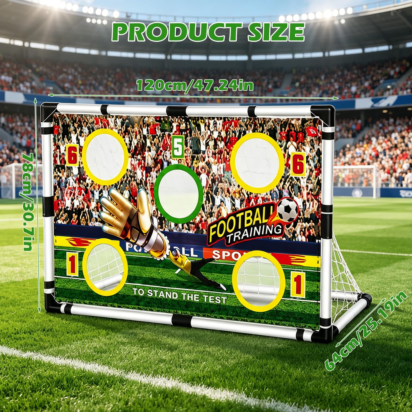 Porta da calcio 2 in 1 per bambini, 120 x 78 x 64 cm, porta da calcio per giardino, portatile, con 5 aree di bersaglio, stabile porta da calcio per giardino, parco, spiaggia, include 4 picchetti di